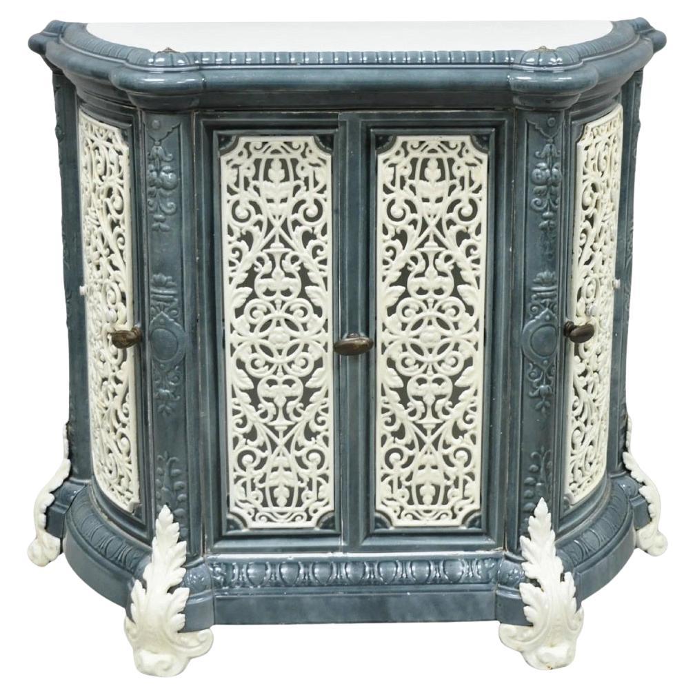 Antique French Victorian Blue White Porcelain Enamel Cast Iron Cover (cache radiateur en fonte)