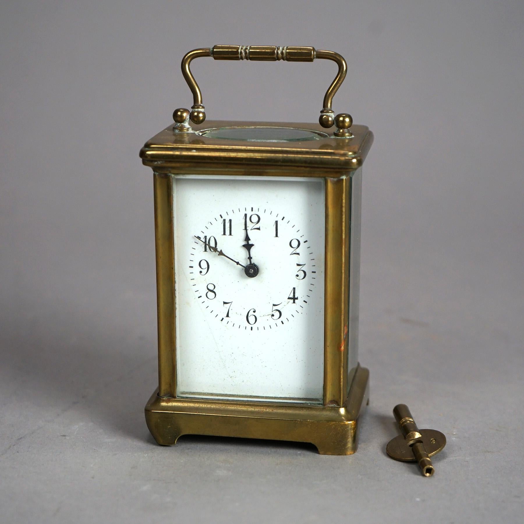 Antique French Victorian Brass & Crystal Carriage Clock with Key Circa 1890 In Good Condition For Sale In Big Flats, NY