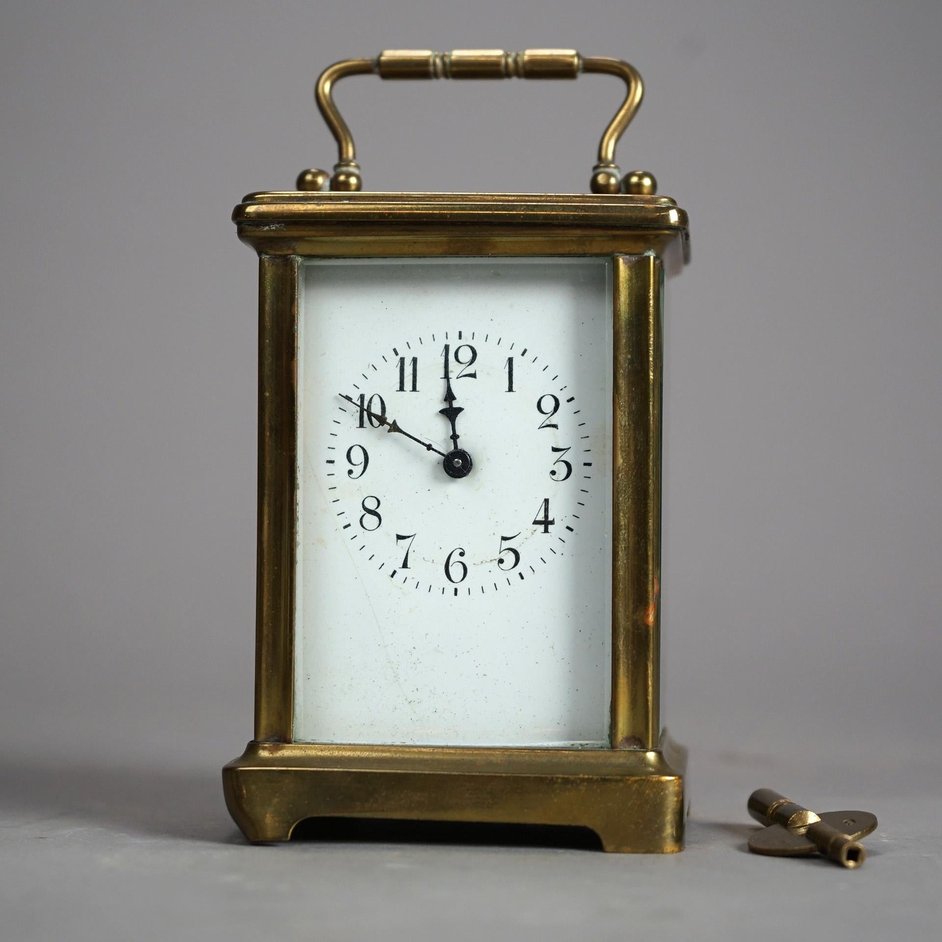 19th Century Antique French Victorian Brass & Crystal Carriage Clock with Key Circa 1890 For Sale