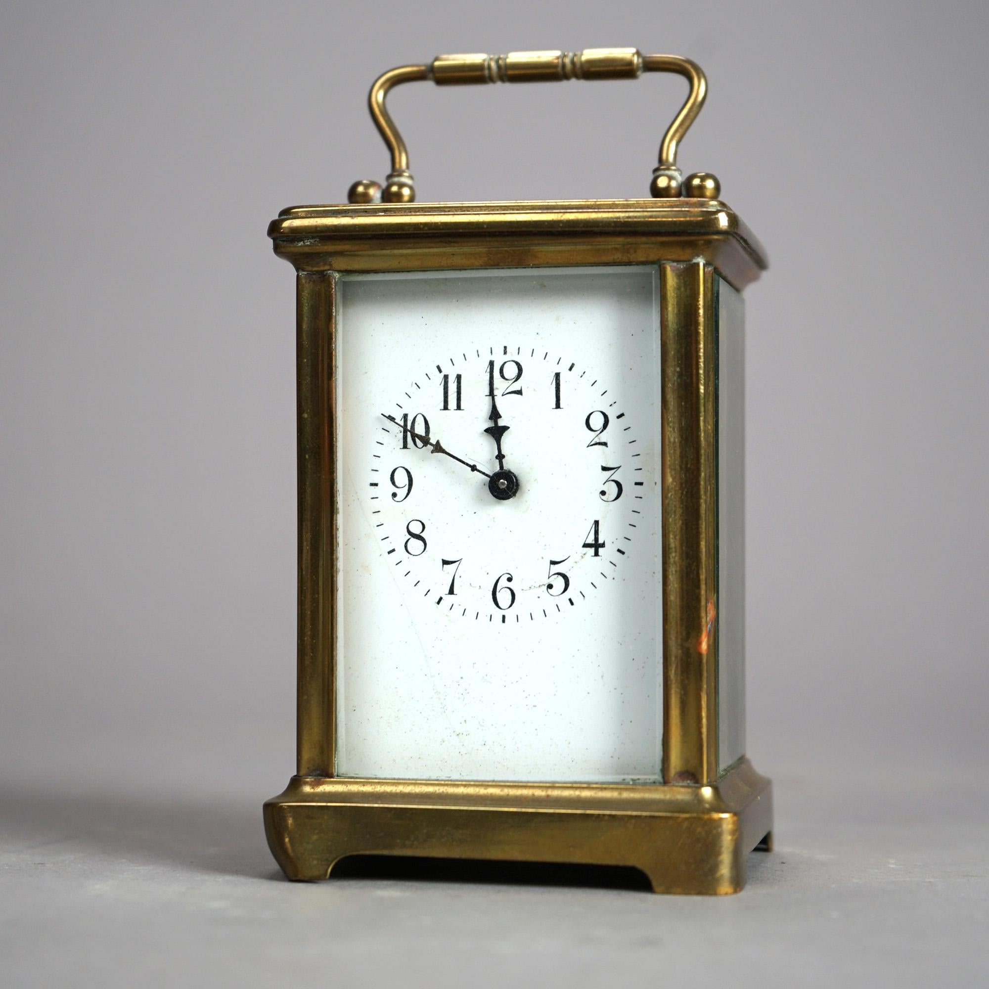 Antique French Victorian Brass & Crystal Carriage Clock with Key Circa 1890 For Sale 1