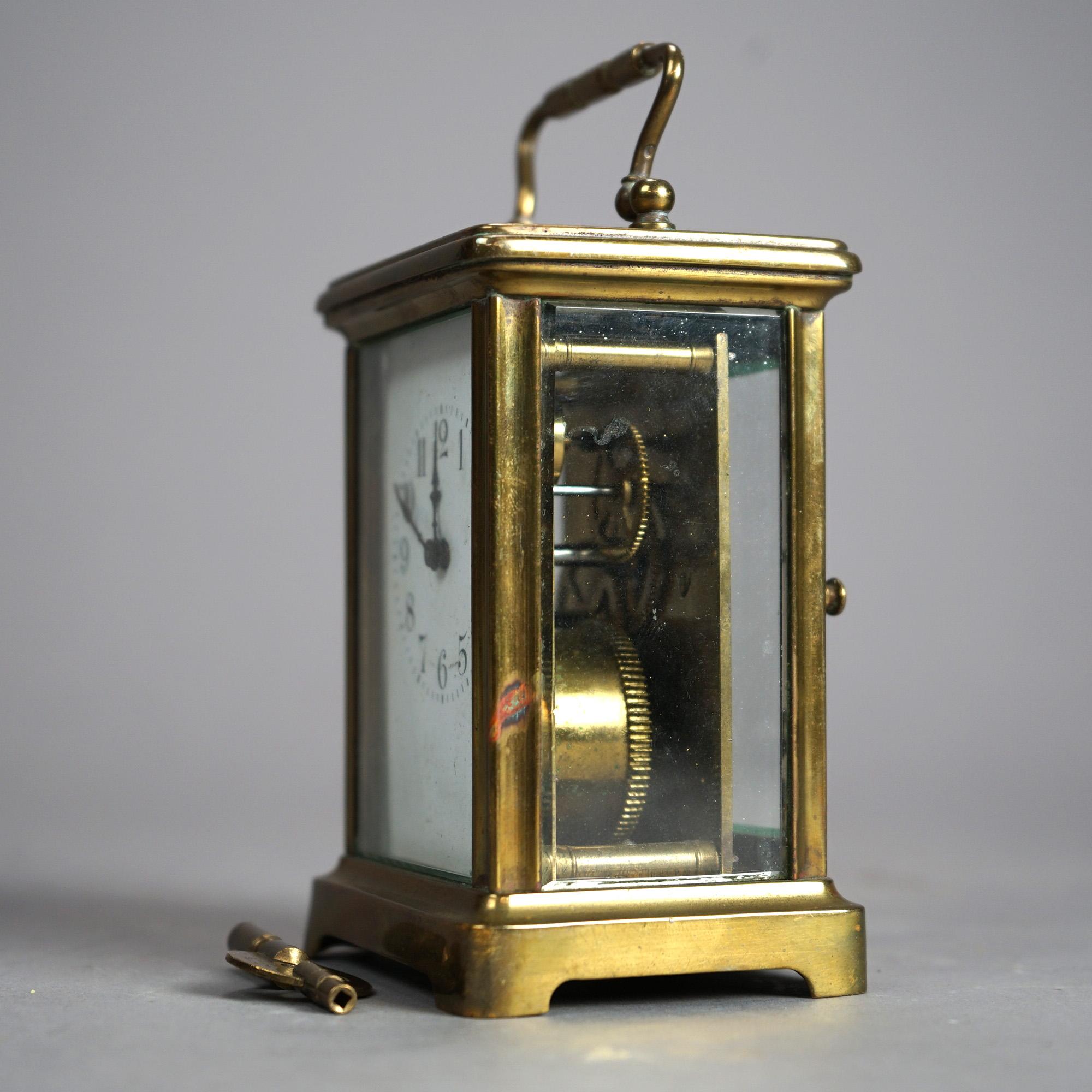Antique French Victorian Brass & Crystal Carriage Clock with Key Circa 1890 For Sale 5