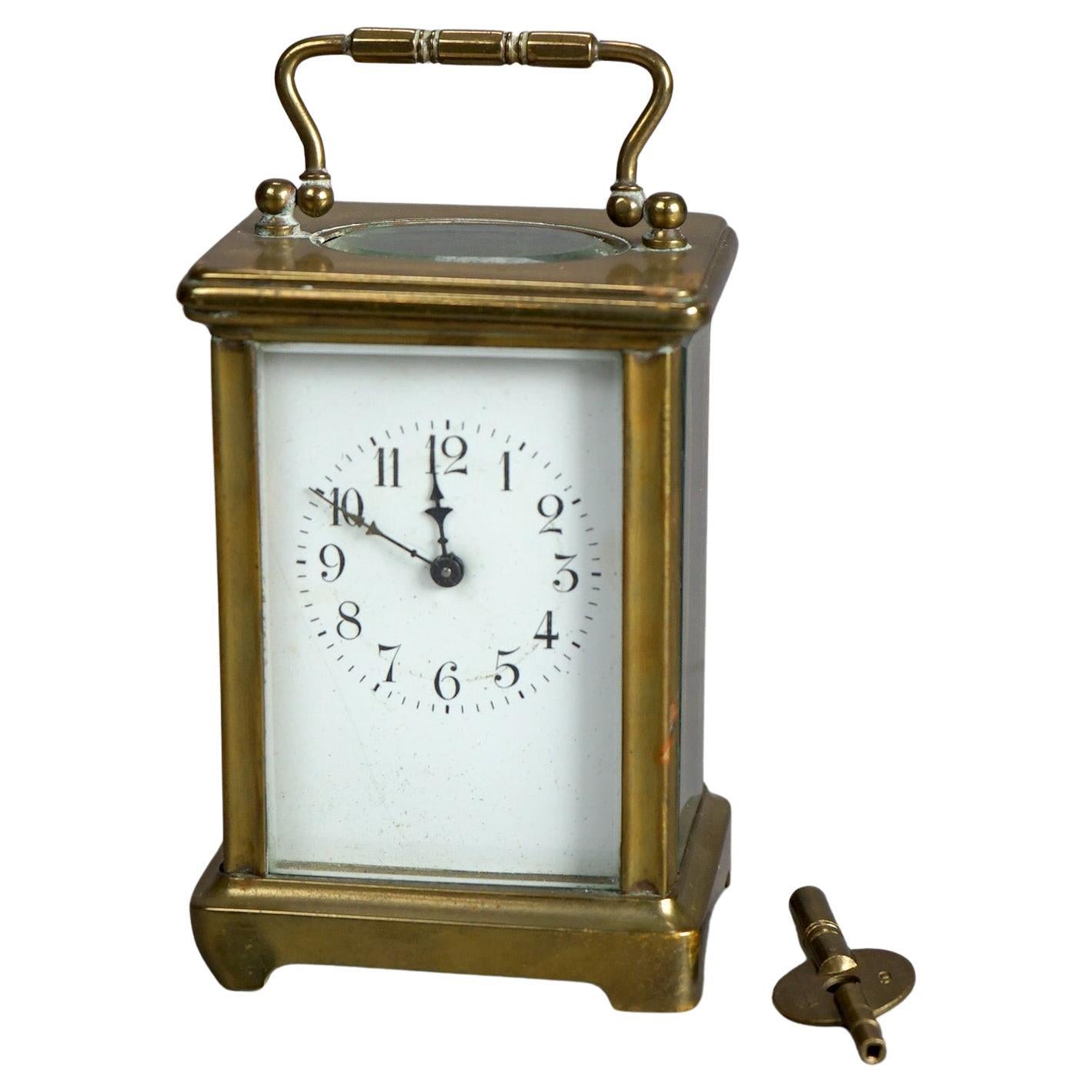 Antique French Victorian Brass & Crystal Carriage Clock with Key Circa 1890 For Sale