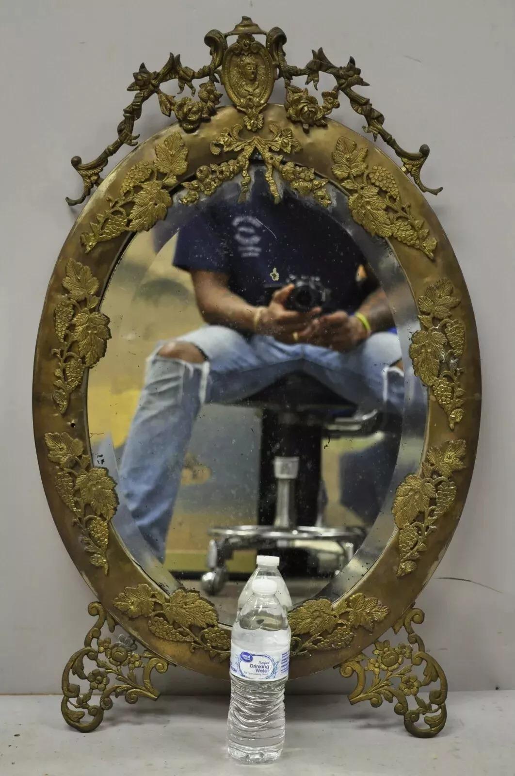 Antique French Victorian Brass Frame Bronze Ormolu Oval Beveled Glass Mirror For Sale 5