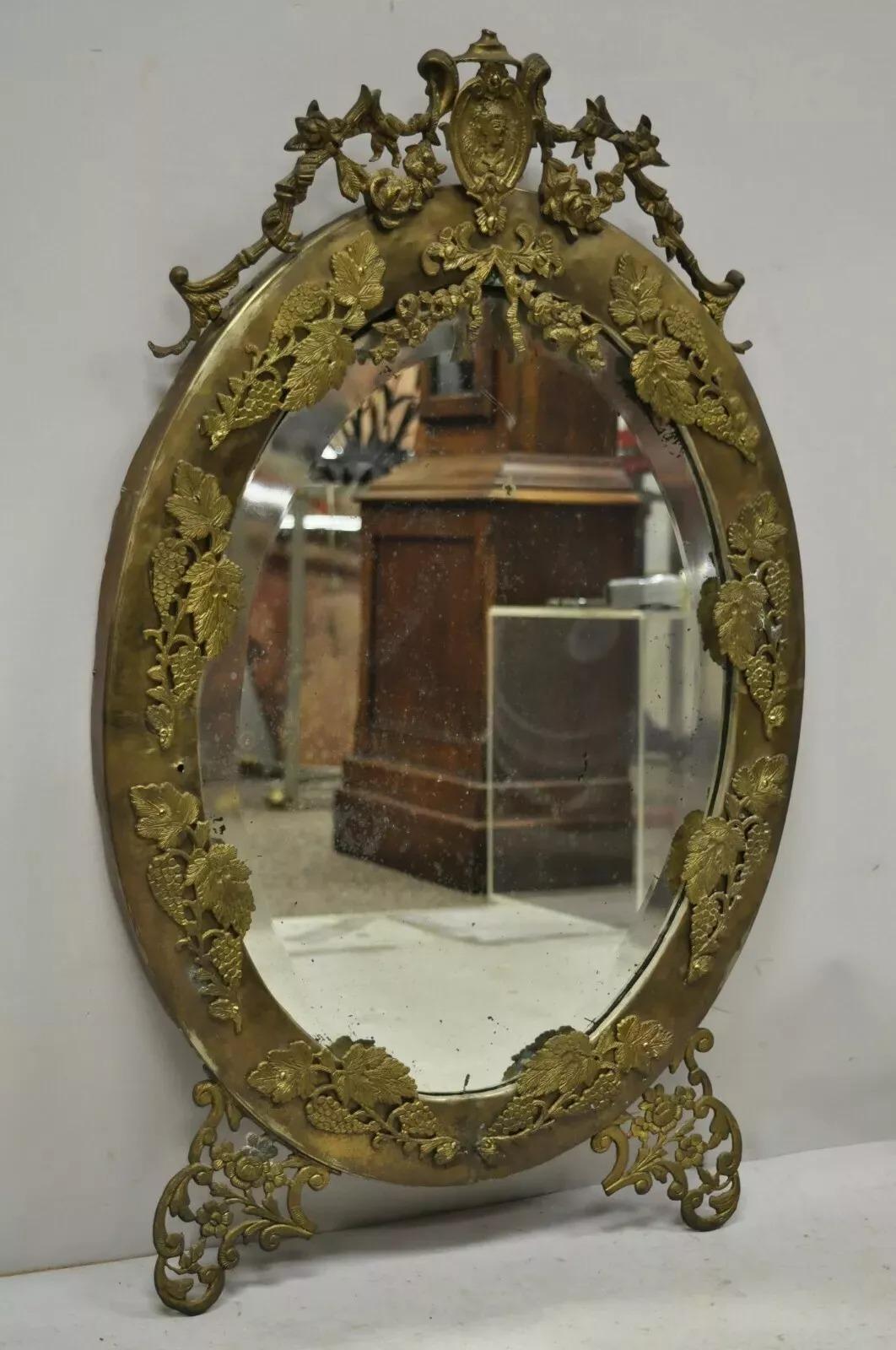 Antique French Victorian Brass Frame Bronze Ormolu Oval Beveled Glass Mirror For Sale 7