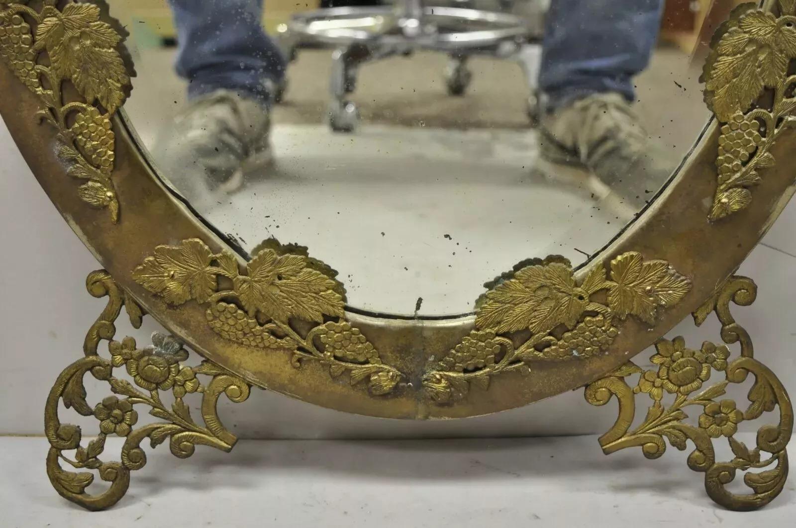 Unknown Antique French Victorian Brass Frame Bronze Ormolu Oval Beveled Glass Mirror For Sale