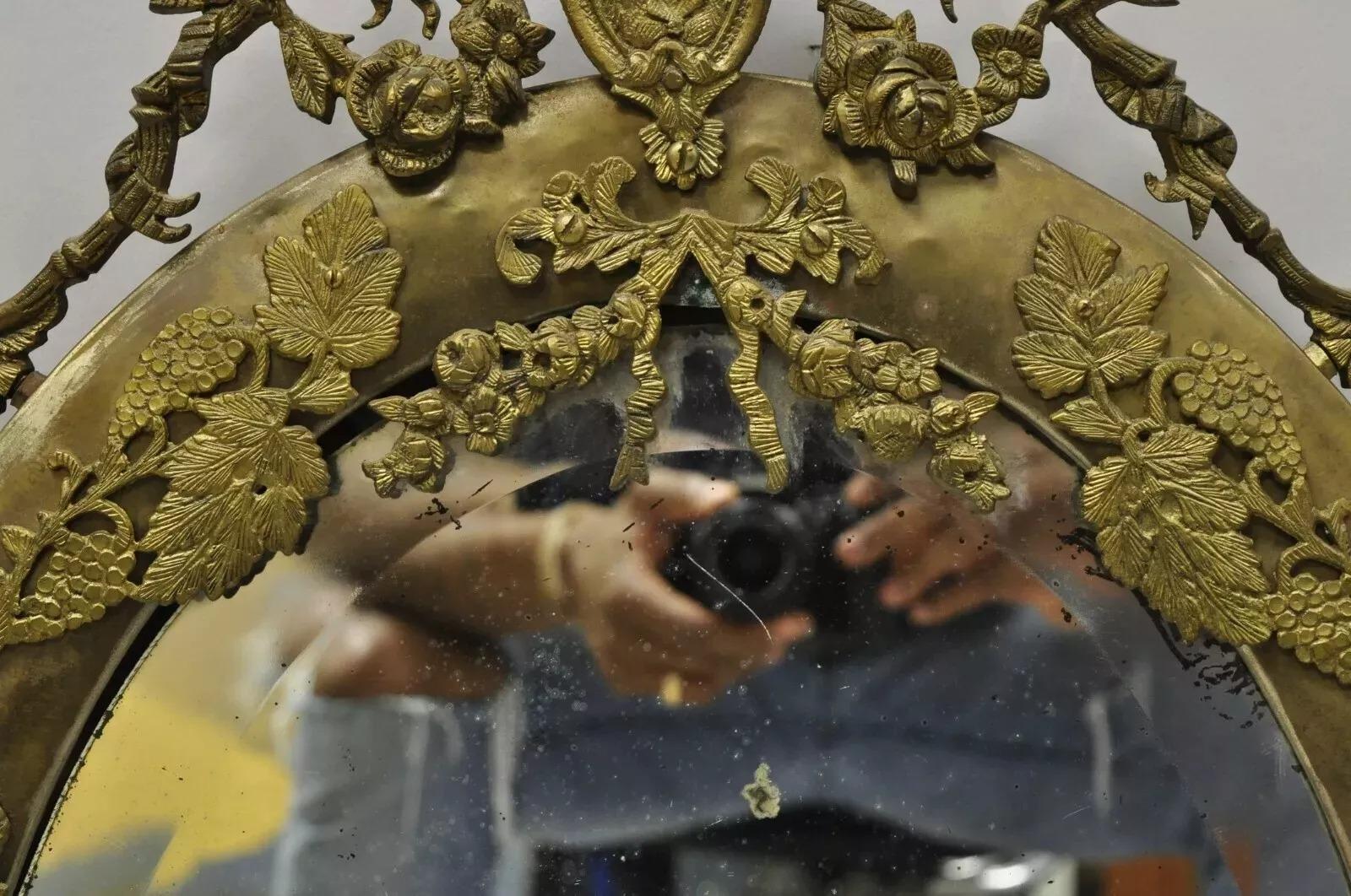 Antique French Victorian Brass Frame Bronze Ormolu Oval Beveled Glass Mirror For Sale 2