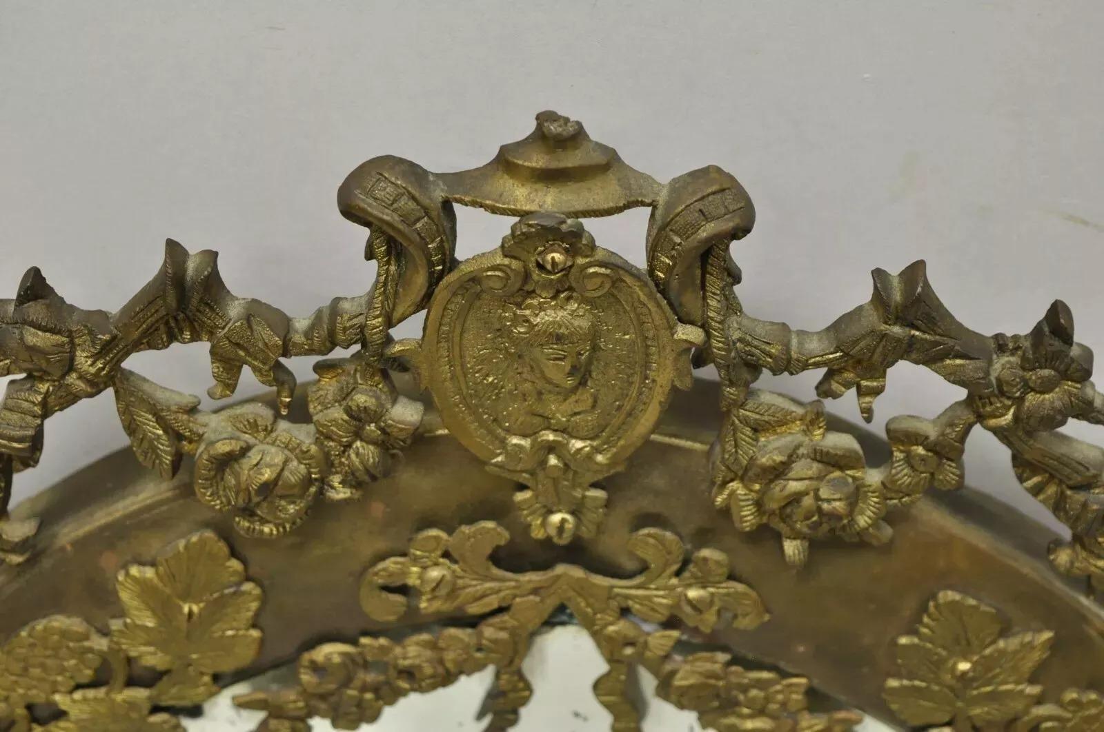 Antique French Victorian Brass Frame Bronze Ormolu Oval Beveled Glass Mirror For Sale 3