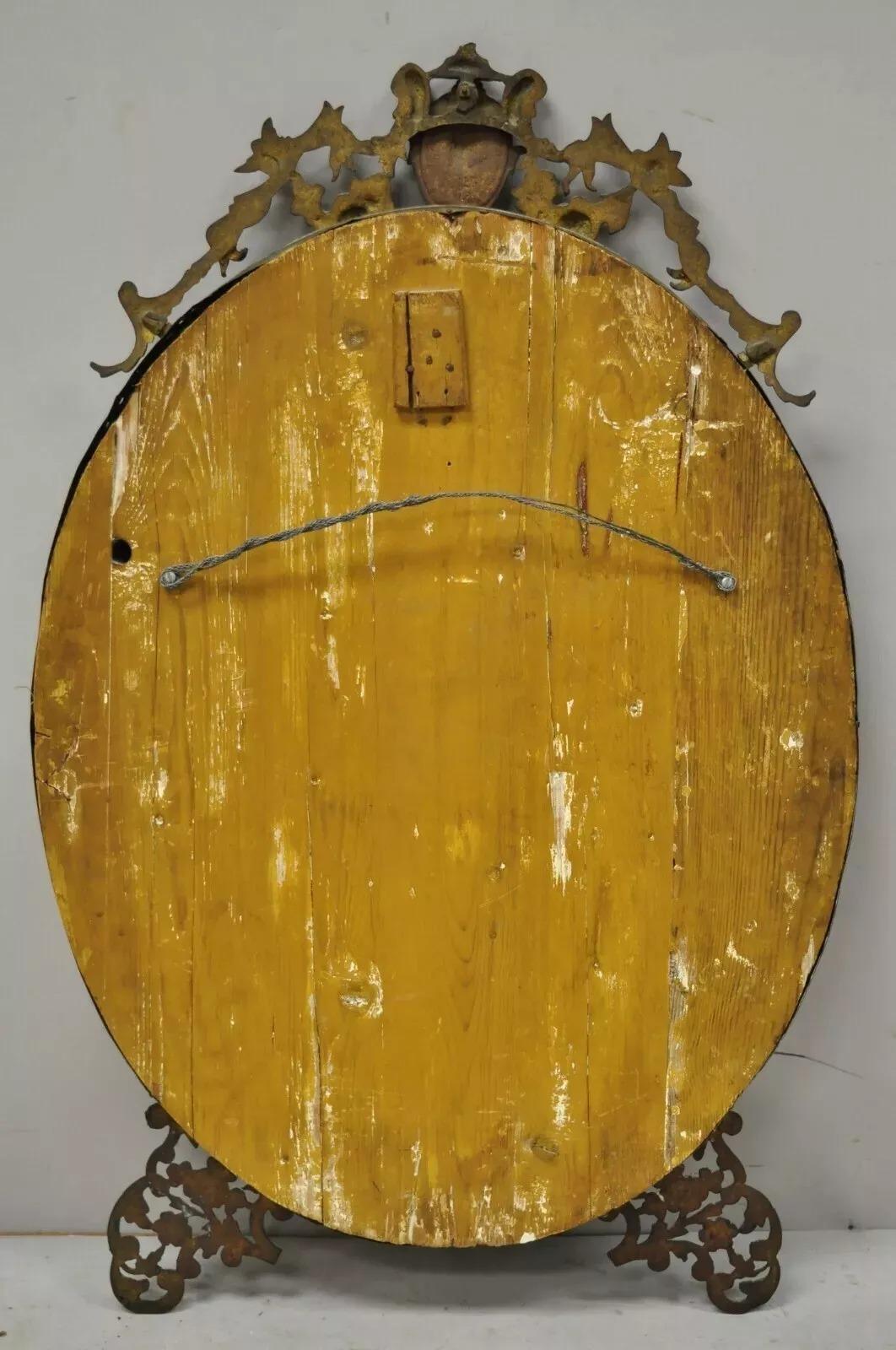 Antique French Victorian Brass Frame Bronze Ormolu Oval Beveled Glass Mirror For Sale 4