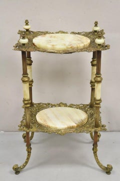 Antique French Victorian Bronze 2 Tier Onyx Stone Plant Stand Accent Table