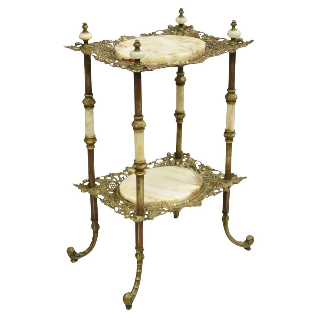 Antique French Victorian Bronze 2 Tier Onyx Stone Plant Stand Accent Table