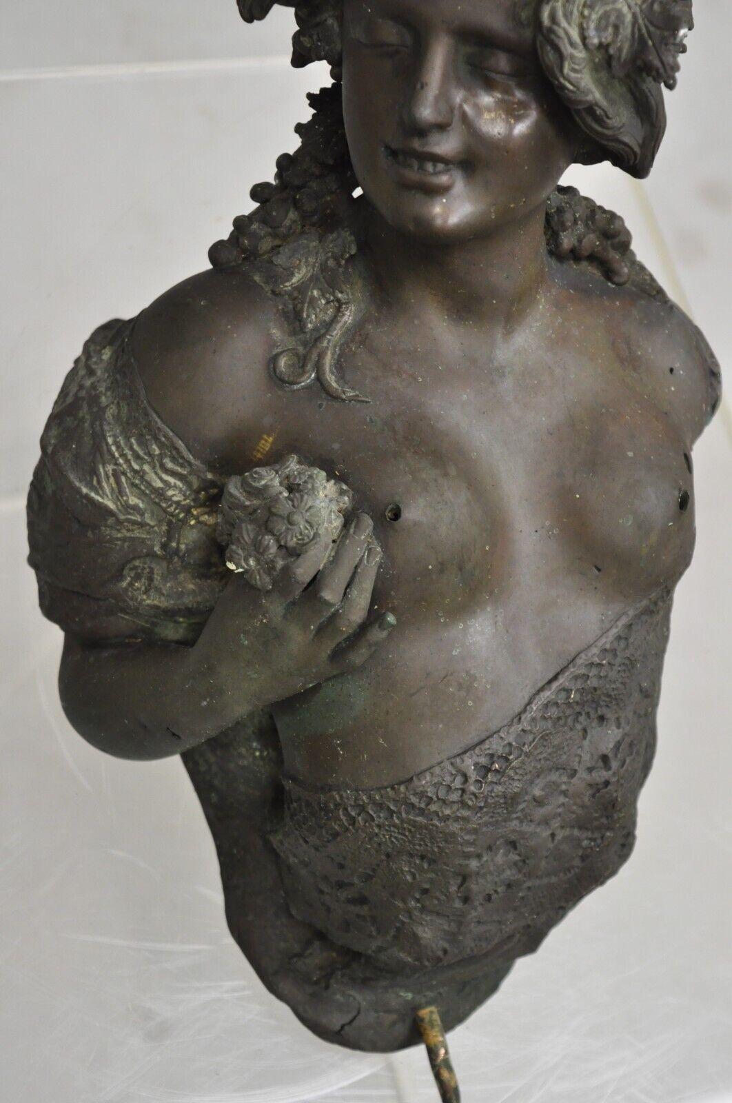 Antiker französischer viktorianischer Bronze-Garten-Wasserbrunnen aus Bronze mit weiblicher Büste, Wandmontiert im Angebot 7