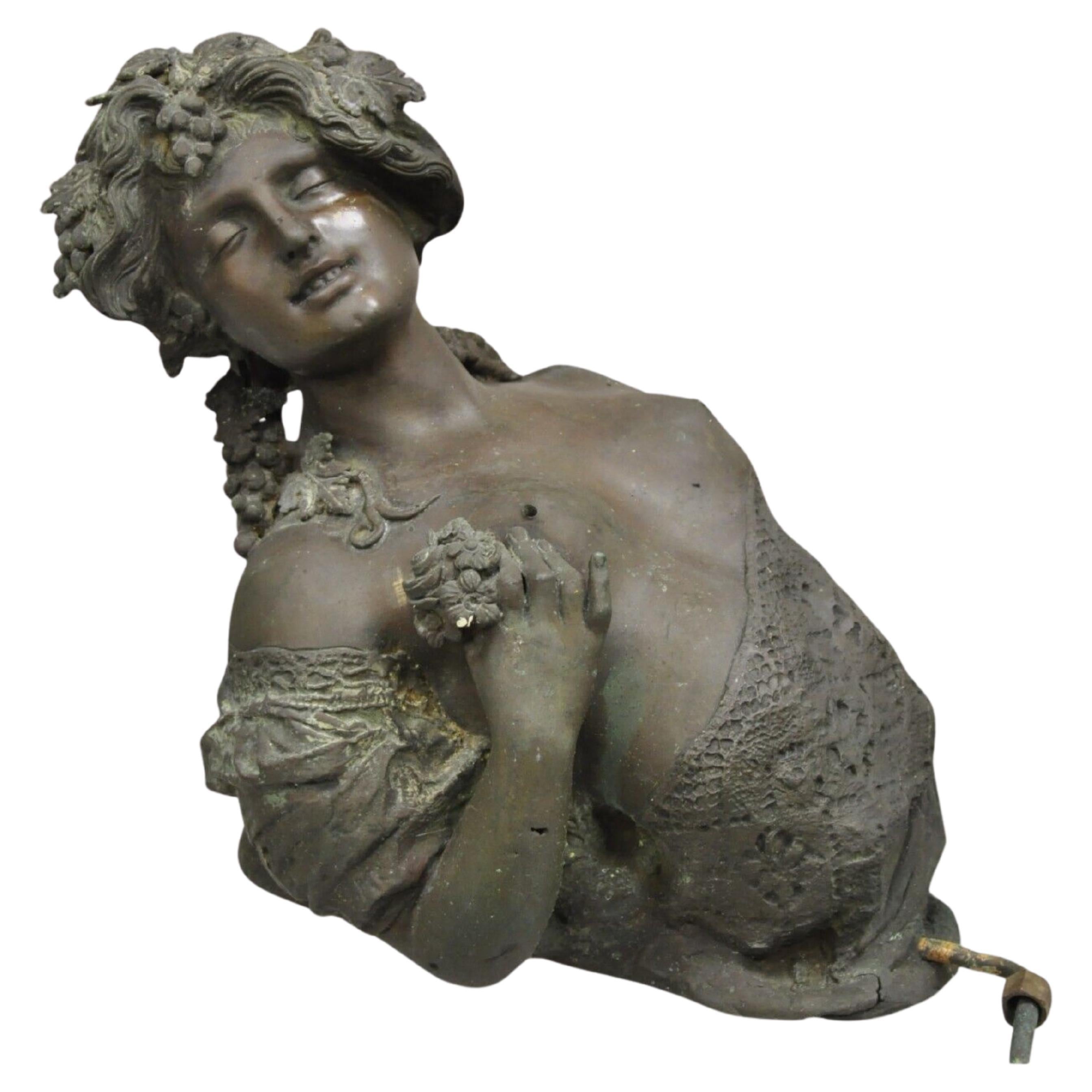 Antique French Victorian Bronze Female Bust Wall Mounted Garden Water Fountain For Sale