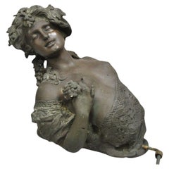 Fontaine à eau de jardin murale, buste de femme en bronze, ancienne, française et victorienne