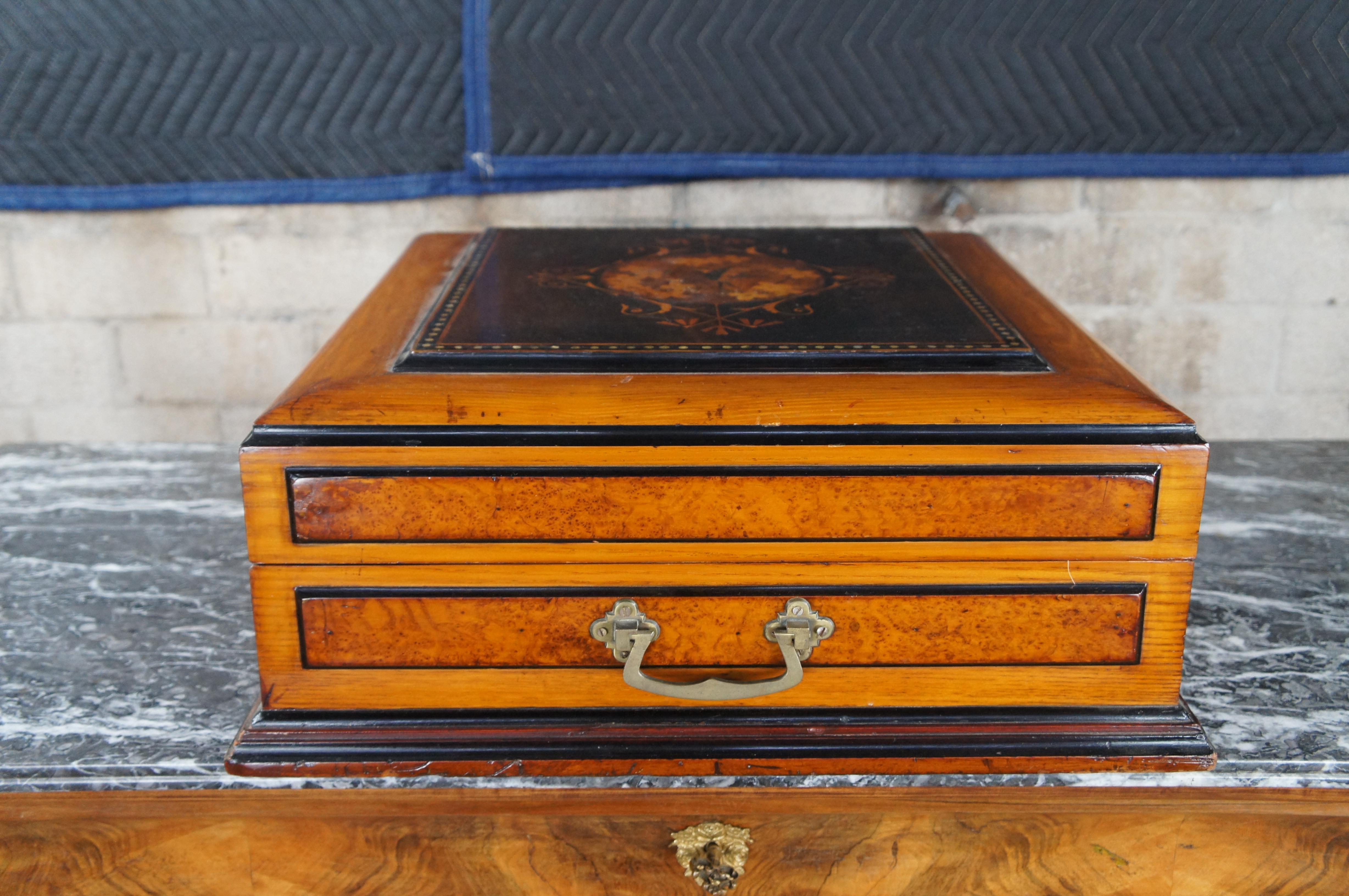 Antique French Victorian Burled Marquetry Inlay Trinket Vanity Case Cigar Box For Sale 6