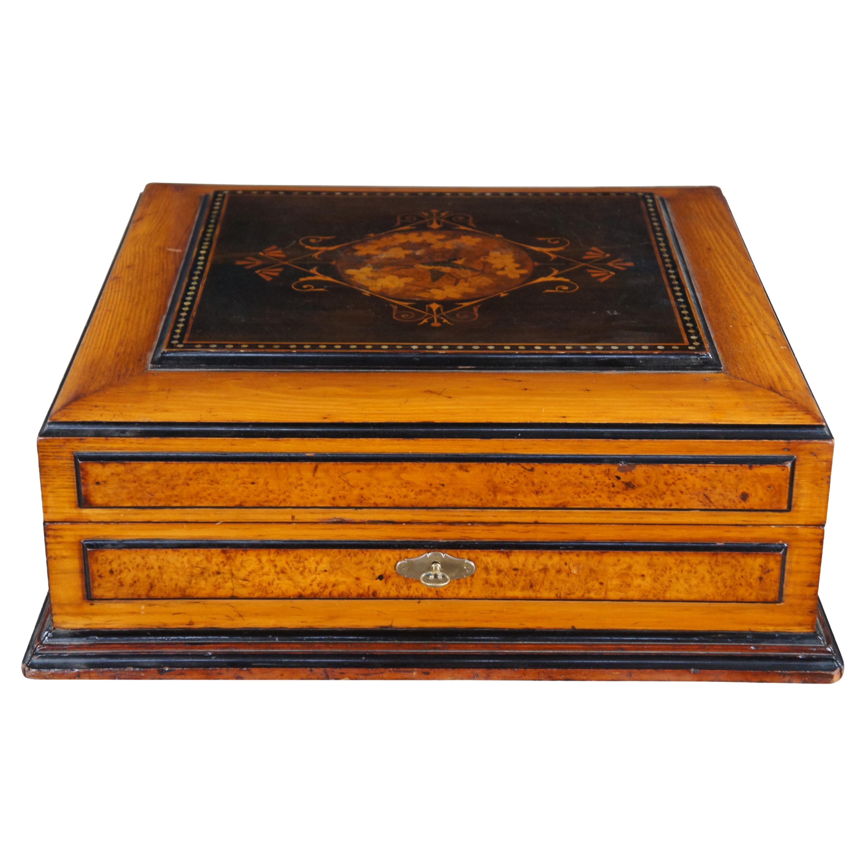 Antique French Victorian Burled Marquetry Inlay Trinket Vanity Case Cigar Box For Sale