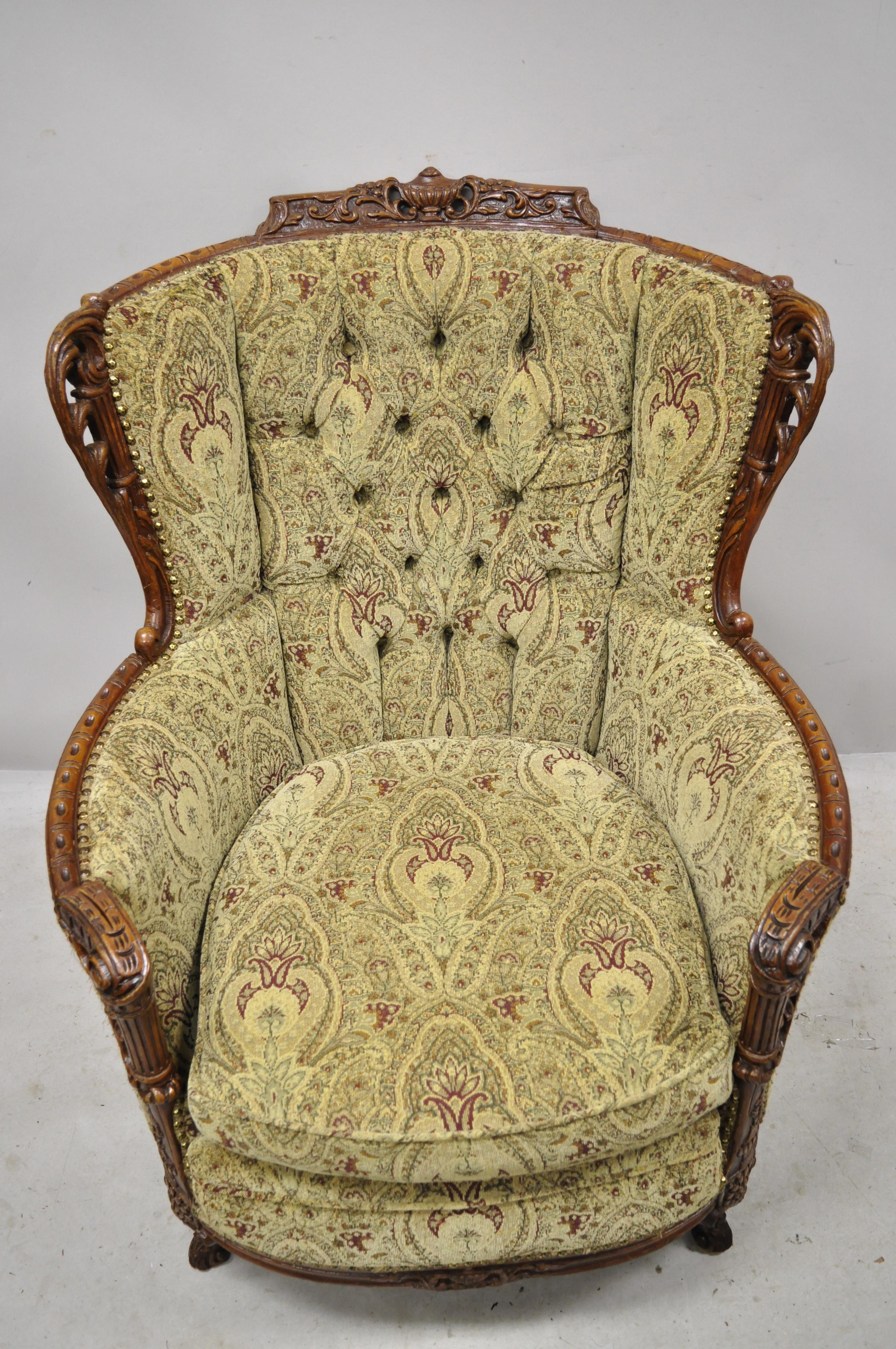 Antique French Victorian Carved Mahogany Flame Urn Wingback Parlor Lounge Chair 8