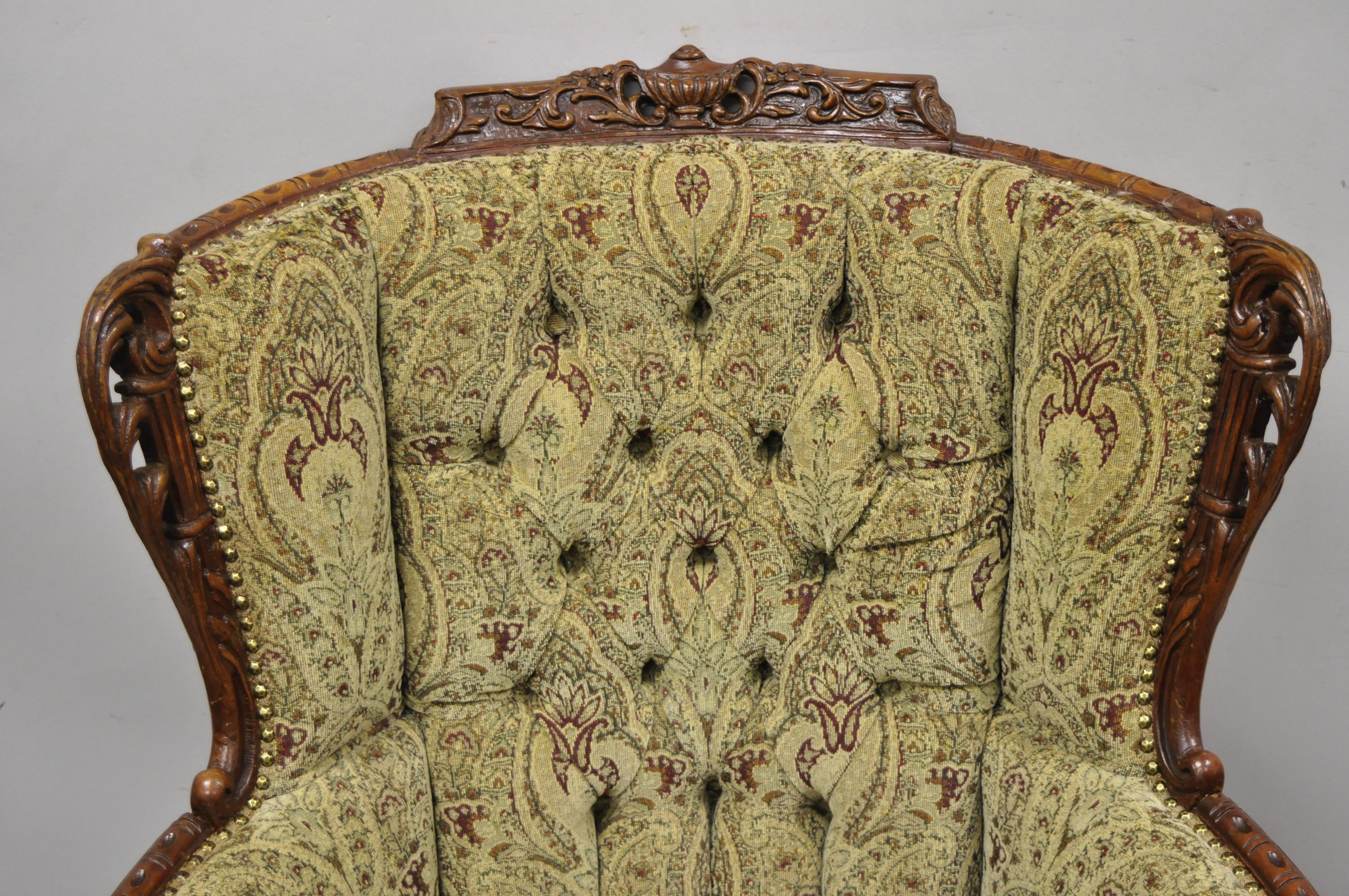 Antique French Victorian Carved Mahogany Flame Urn Wingback Parlor Lounge Chair In Good Condition In Philadelphia, PA