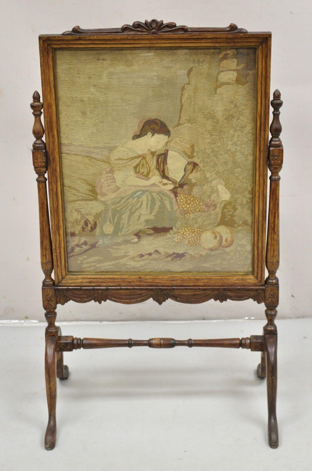Antique French Victorian Carved Walnut and Needlepoint Fireplace Screen. Circa 19th Century. Measurements: 39