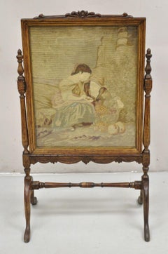 Antique French Victorian Carved Walnut and Needlepoint Fireplace Screen