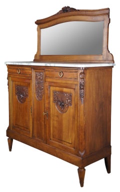 Antique French Victorian Carved Walnut Marble Top Buffet & Mirror Server Barback