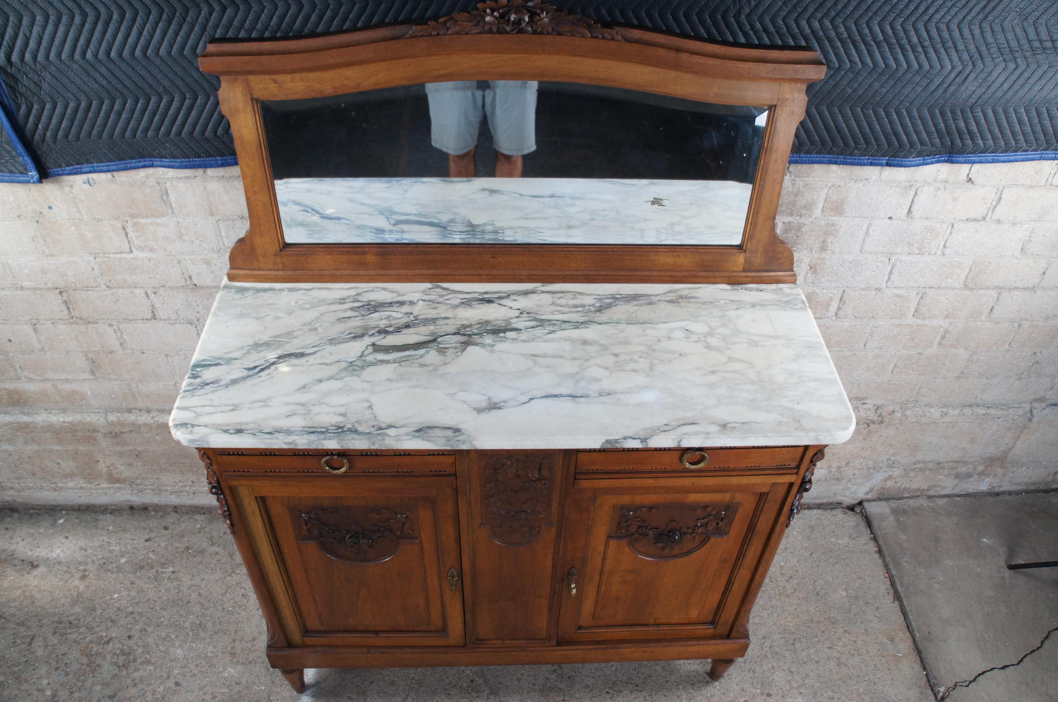 Late 19th Century Antique French Victorian Carved Walnut Marble Top Buffet & Mirror Server Barback