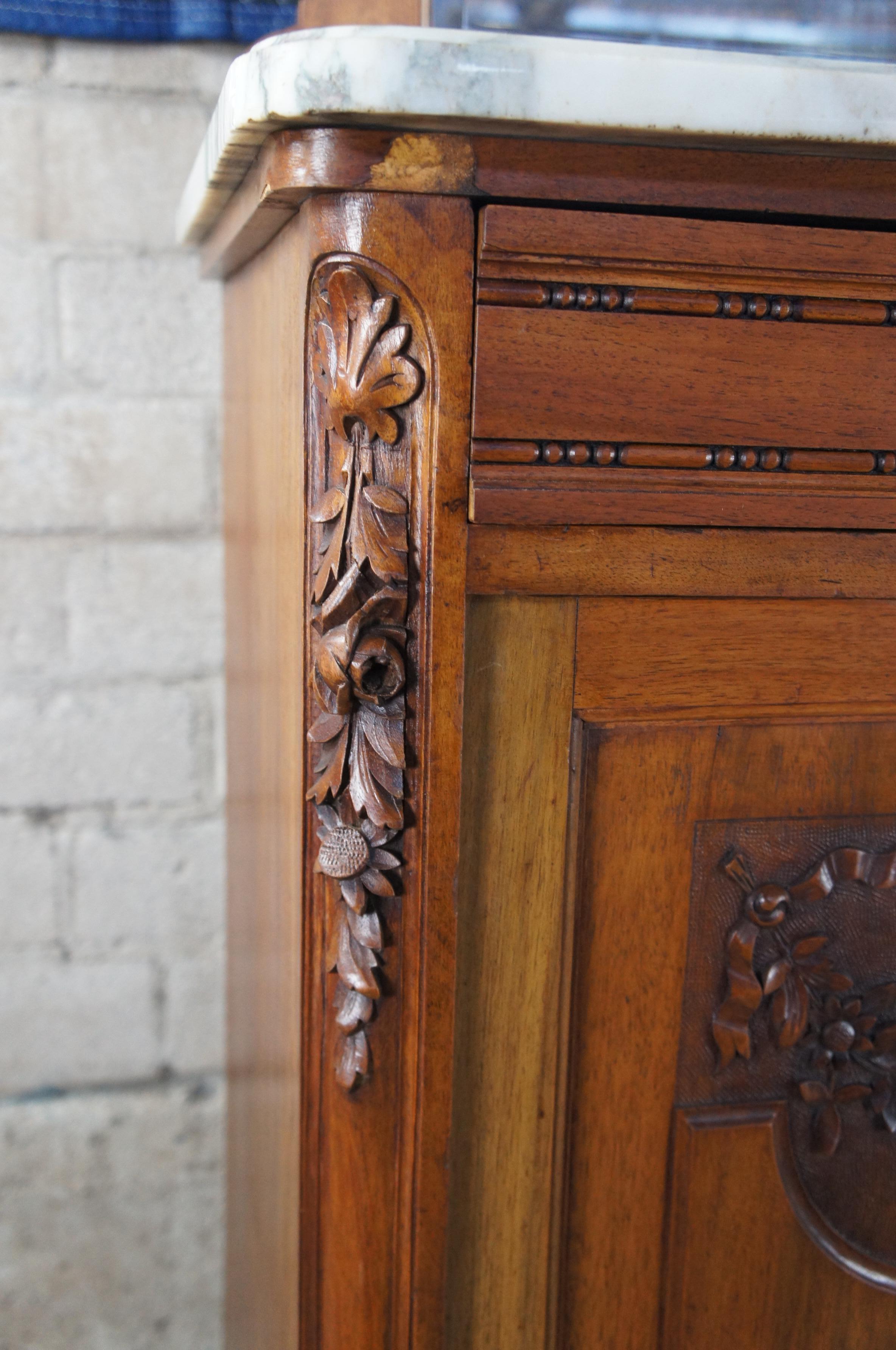 Antique French Victorian Carved Walnut Marble Top Buffet & Mirror Server Barback 2
