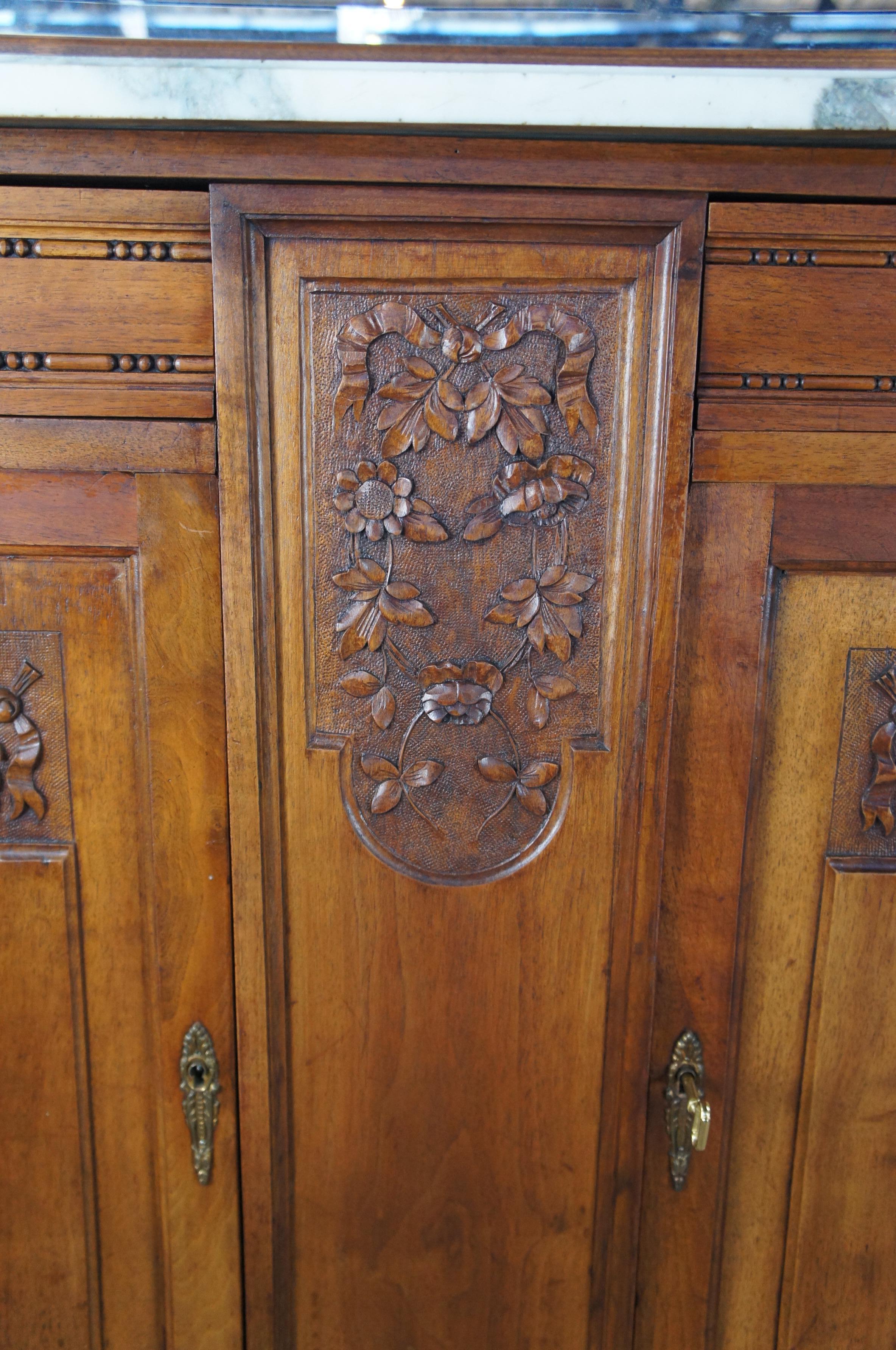 Antique French Victorian Carved Walnut Marble Top Buffet & Mirror Server Barback 5