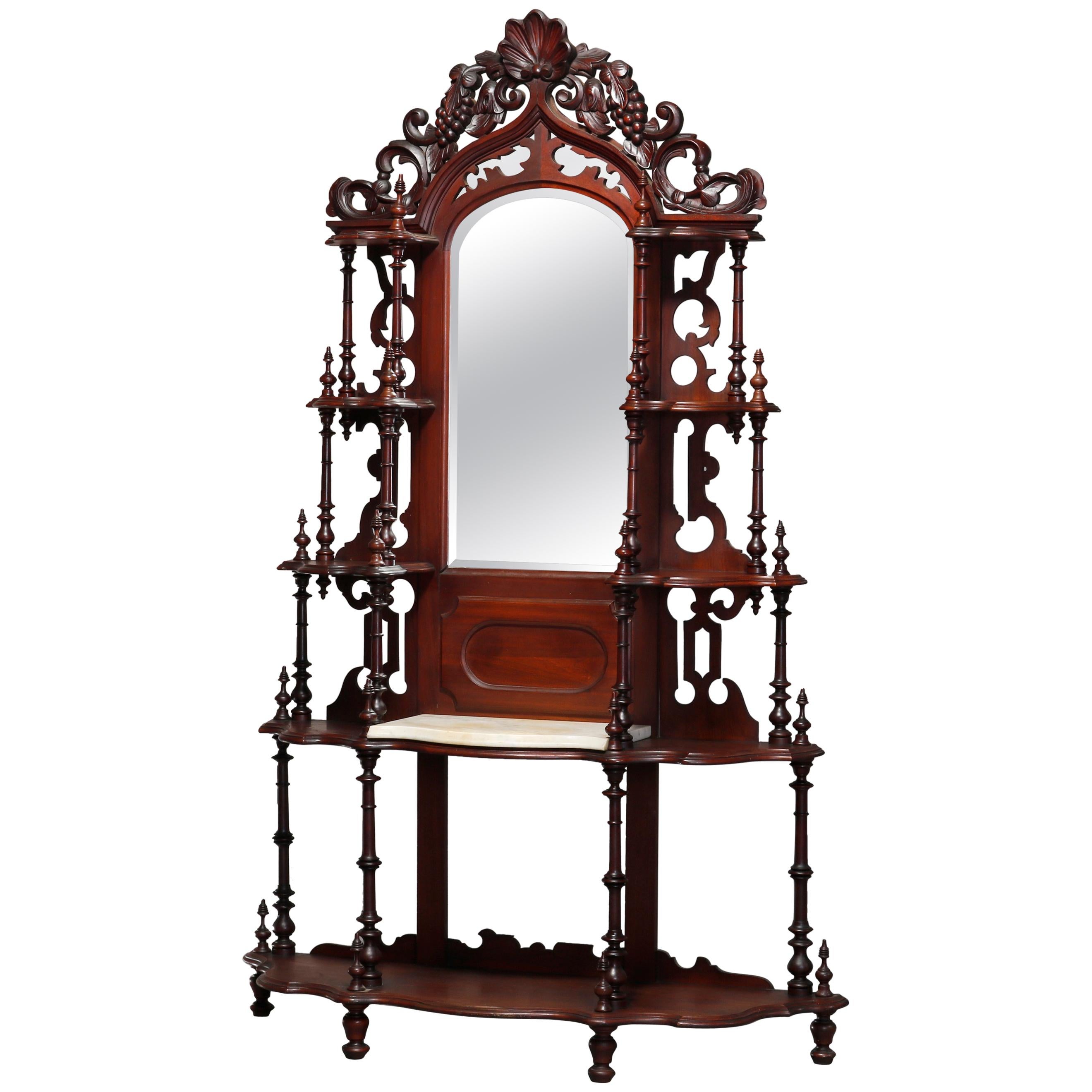 Antique French Victorian Carved Walnut & Marble Top Mirrored Étagère, circa 1890