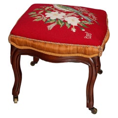 Antique French Victorian Carved Walnut Needlepoint Foot Stool, circa 1870