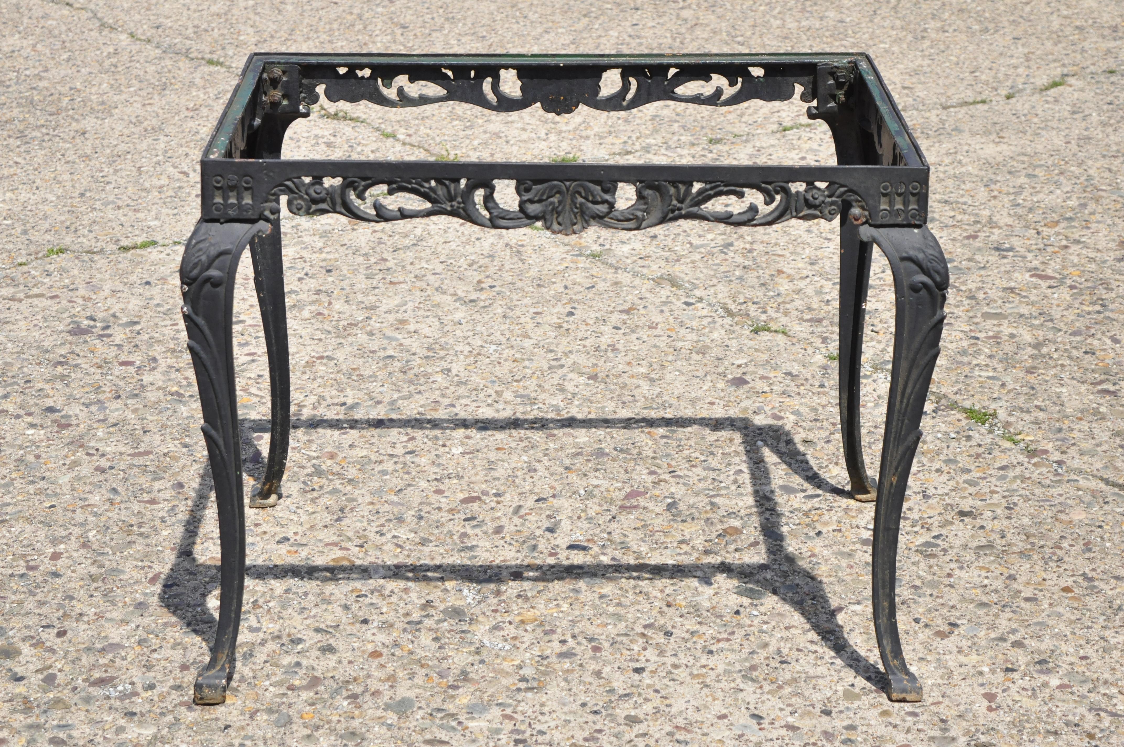 Antique French Victorian cast iron cabriole leg rectangular occasional side table. Item features floral scrollwork pierces skirt, heavy cast iron construction, cabriole legs, quality American craftsmanship, great style and form. No top, Circa early
