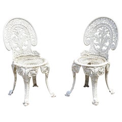 Antique French Victorian Cast Iron Foliate Leaf Pattern White Garden Chair, Pair