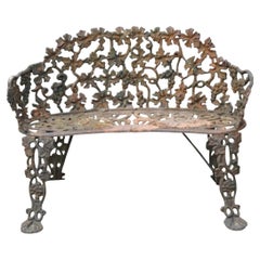 Antique French Victorian Cast Iron Grapevine Leaf Small Garden Bench Loveseat
