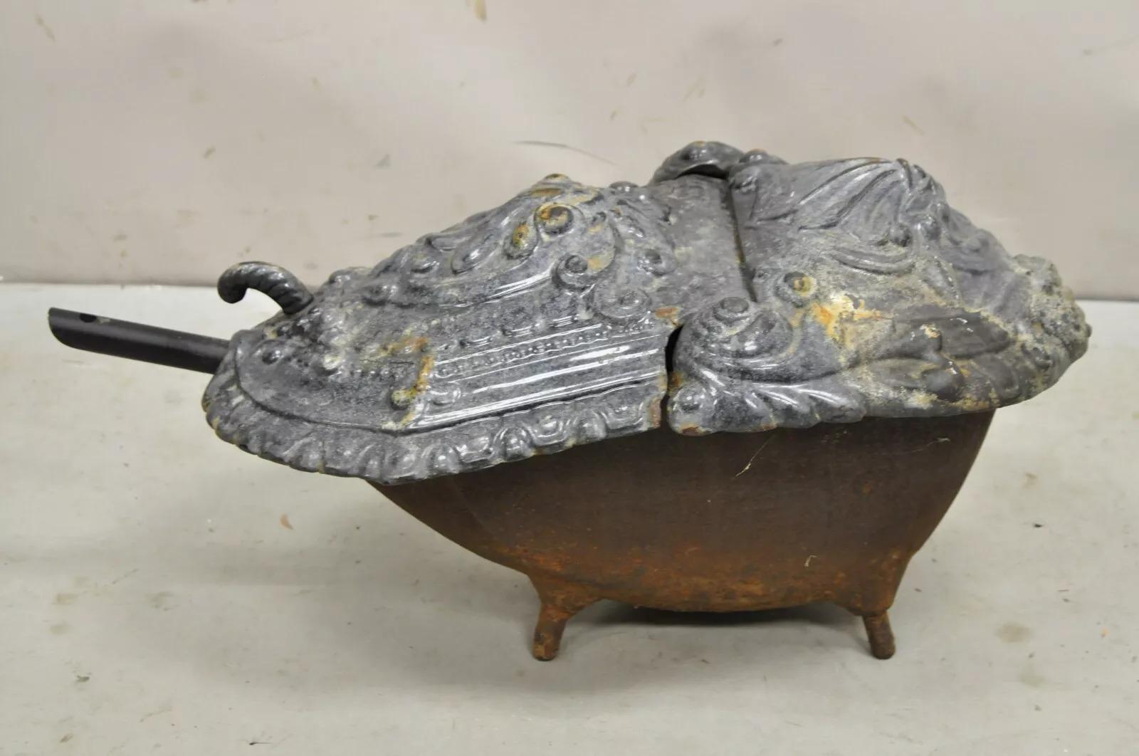 Antique French Victorian Caja de carbón para chimenea de hierro fundido, porcelana y esmalte en venta 3