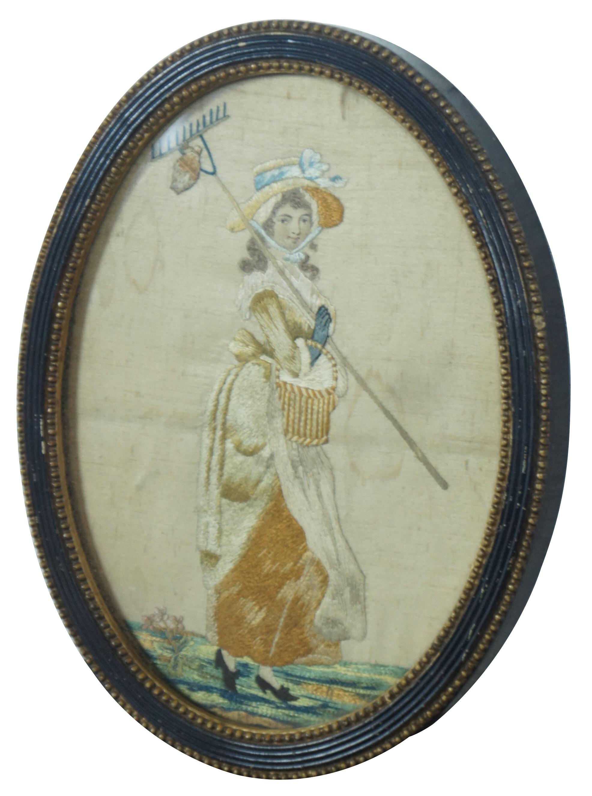 French Provincial Antique French Victorian Embroidered Silk Pastoral Provincial Lady Stumpwork