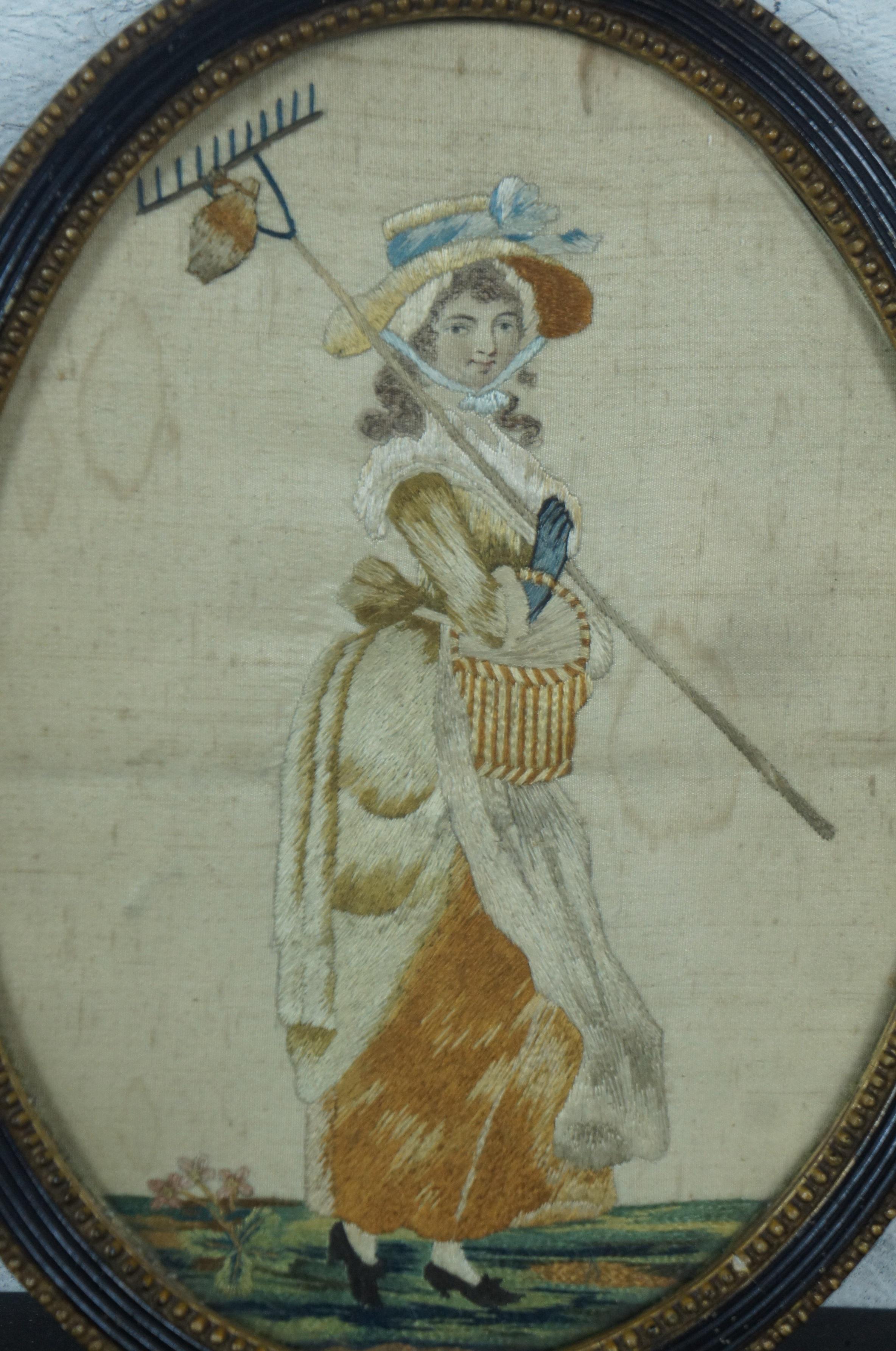 Antique French Victorian Embroidered Silk Pastoral Provincial Lady Stumpwork In Good Condition In Dayton, OH