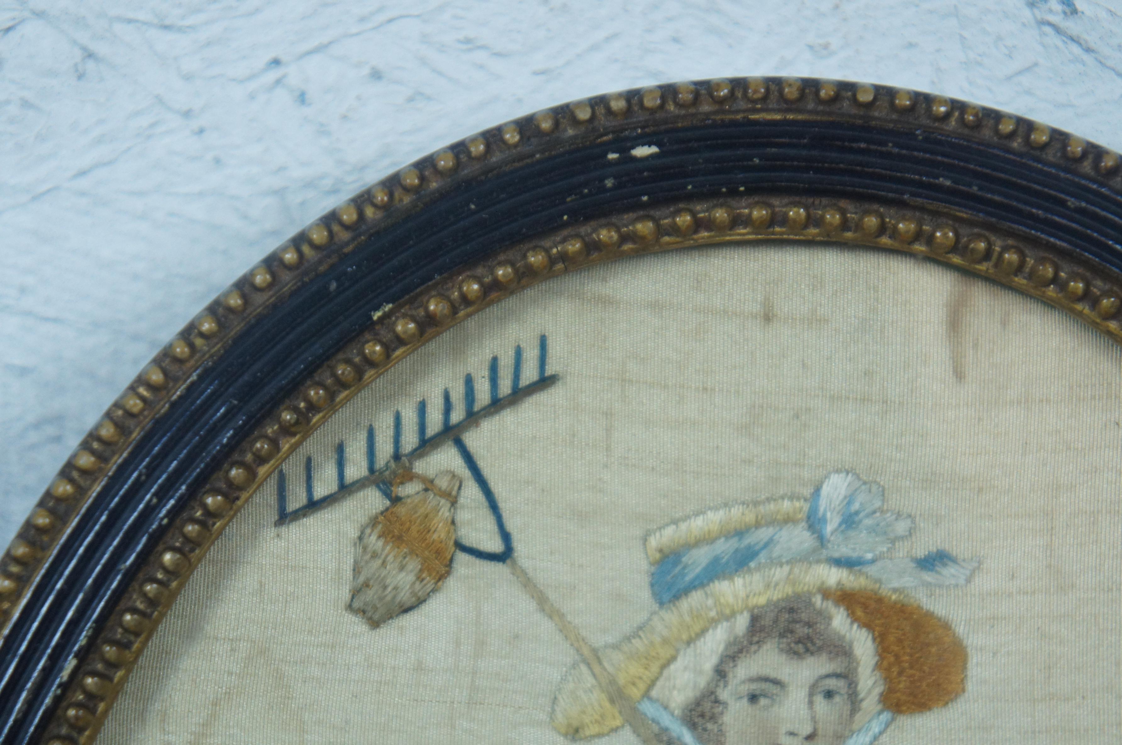 Antique French Victorian Embroidered Silk Pastoral Provincial Lady Stumpwork 1