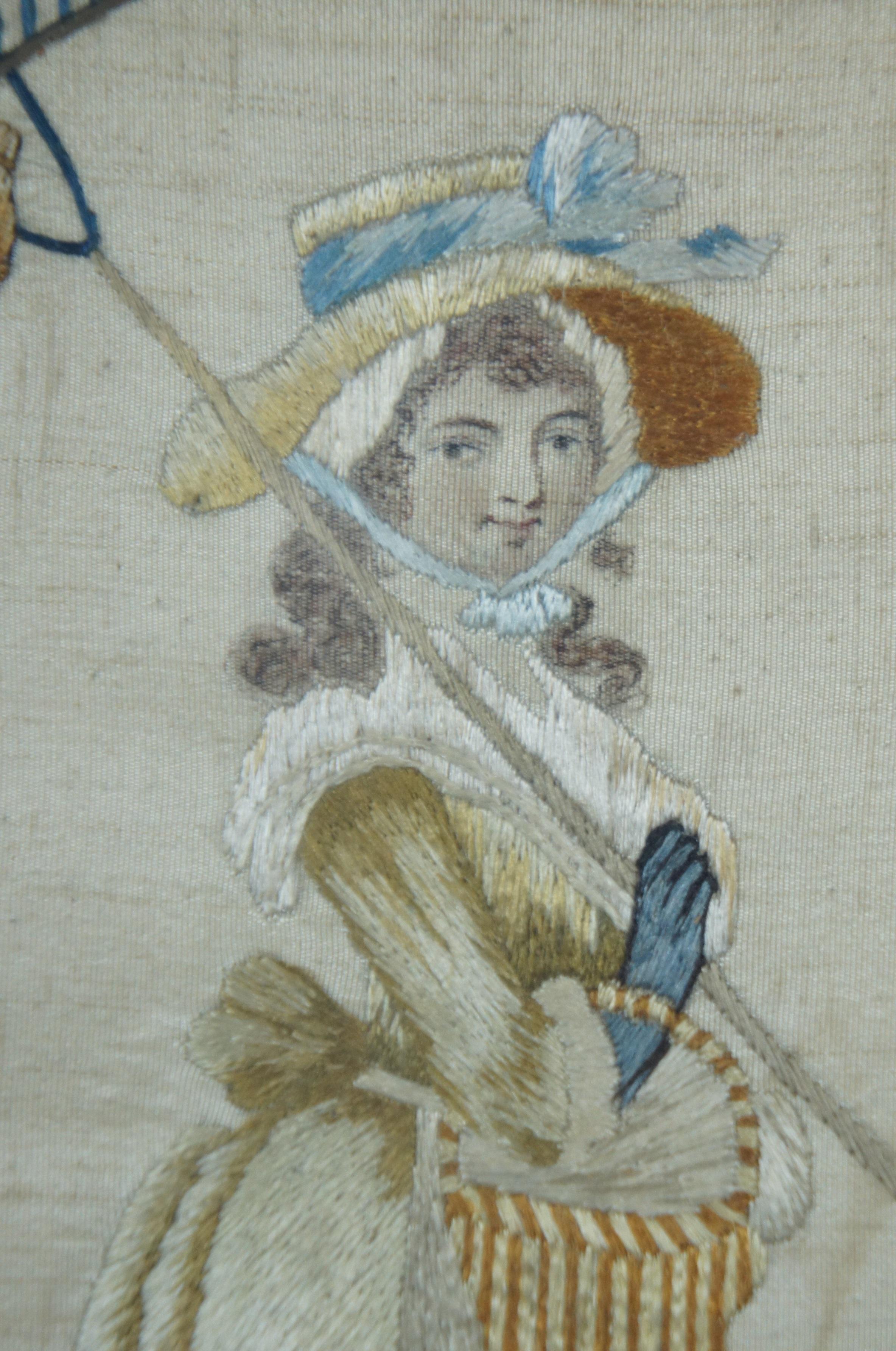 Antique French Victorian Embroidered Silk Pastoral Provincial Lady Stumpwork 2