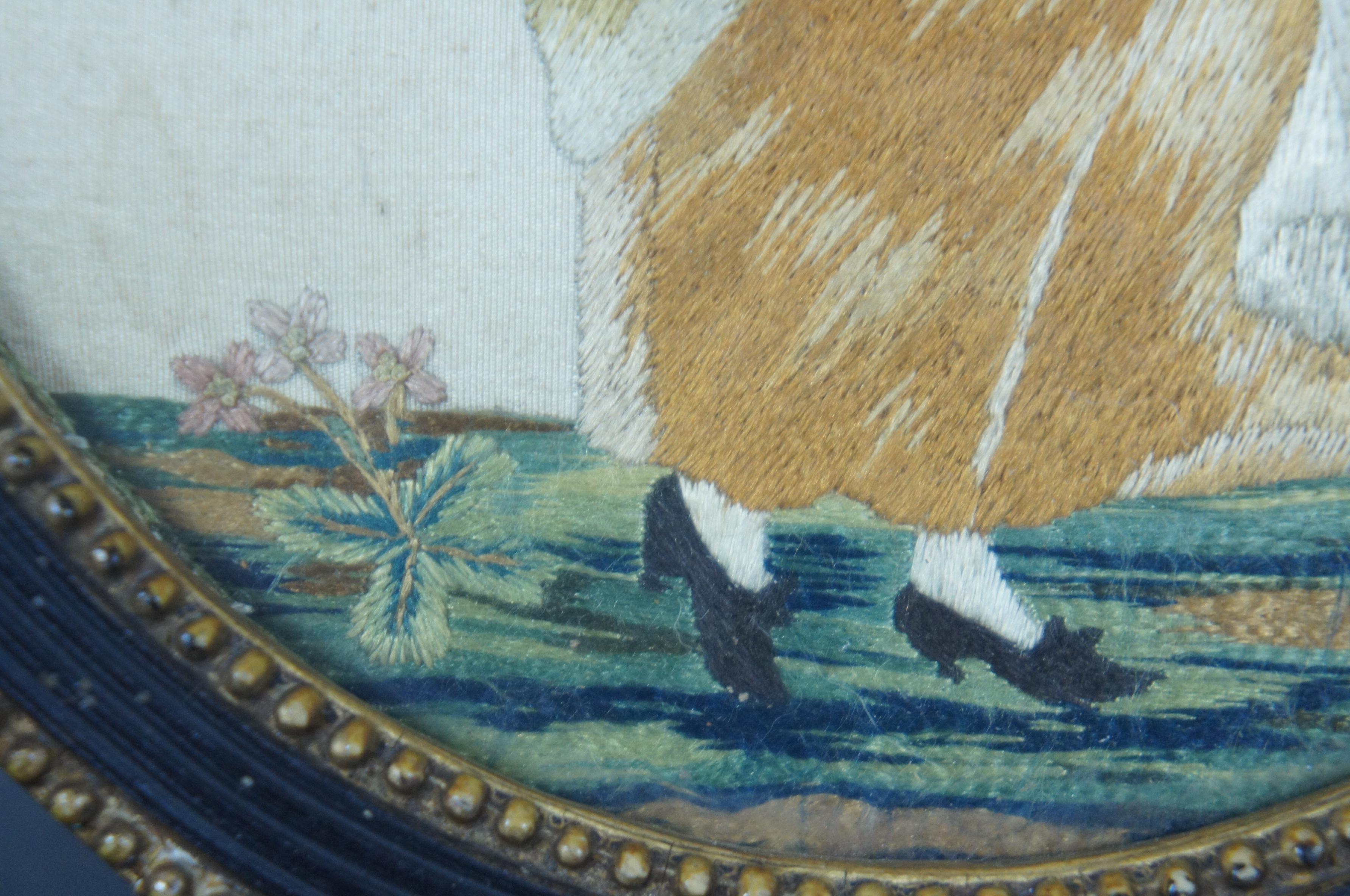Antique French Victorian Embroidered Silk Pastoral Provincial Lady Stumpwork 4