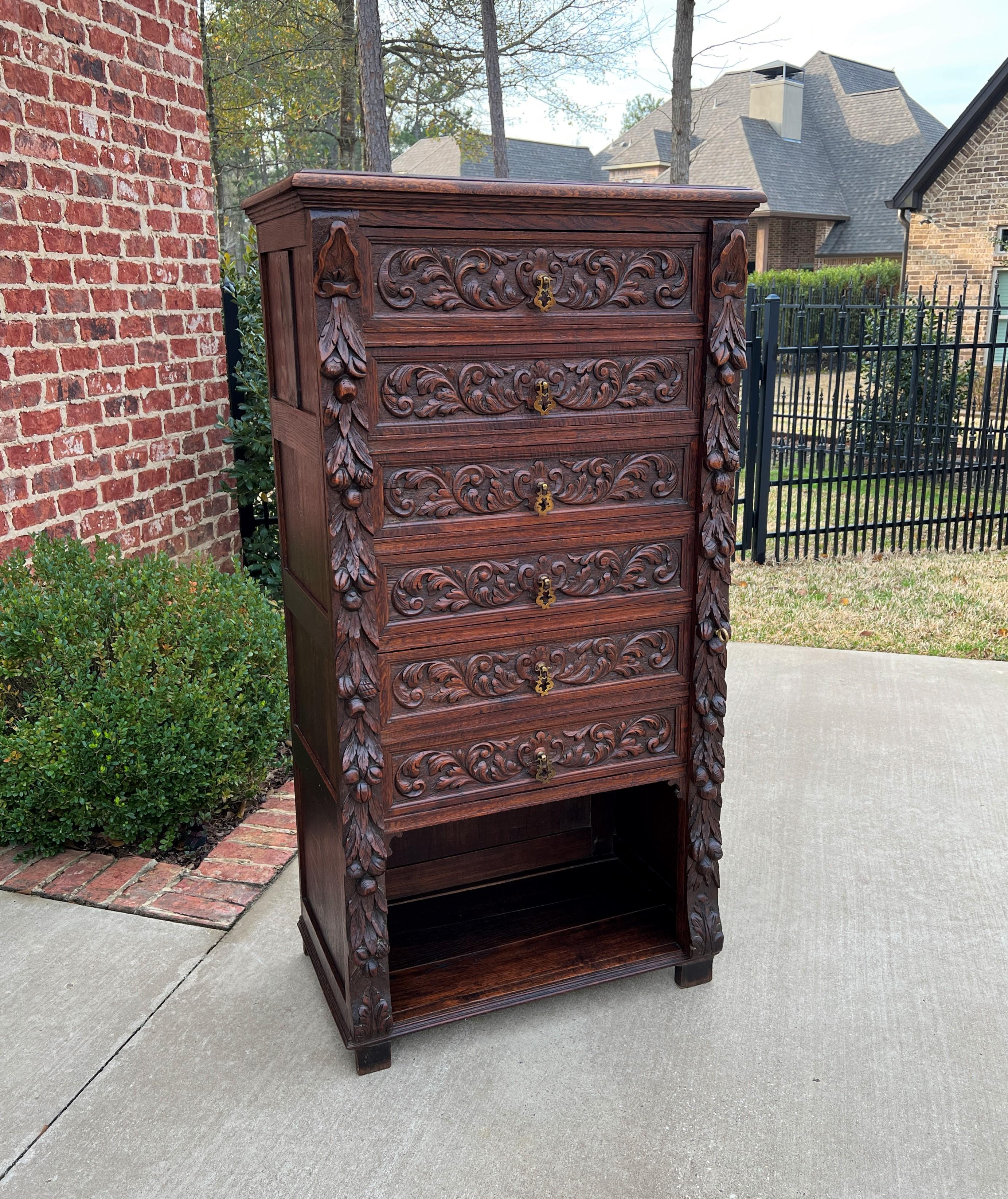 Carved Antique French Victorian Era Chest of Drawers Campaign Wellington Cabinet Oak For Sale