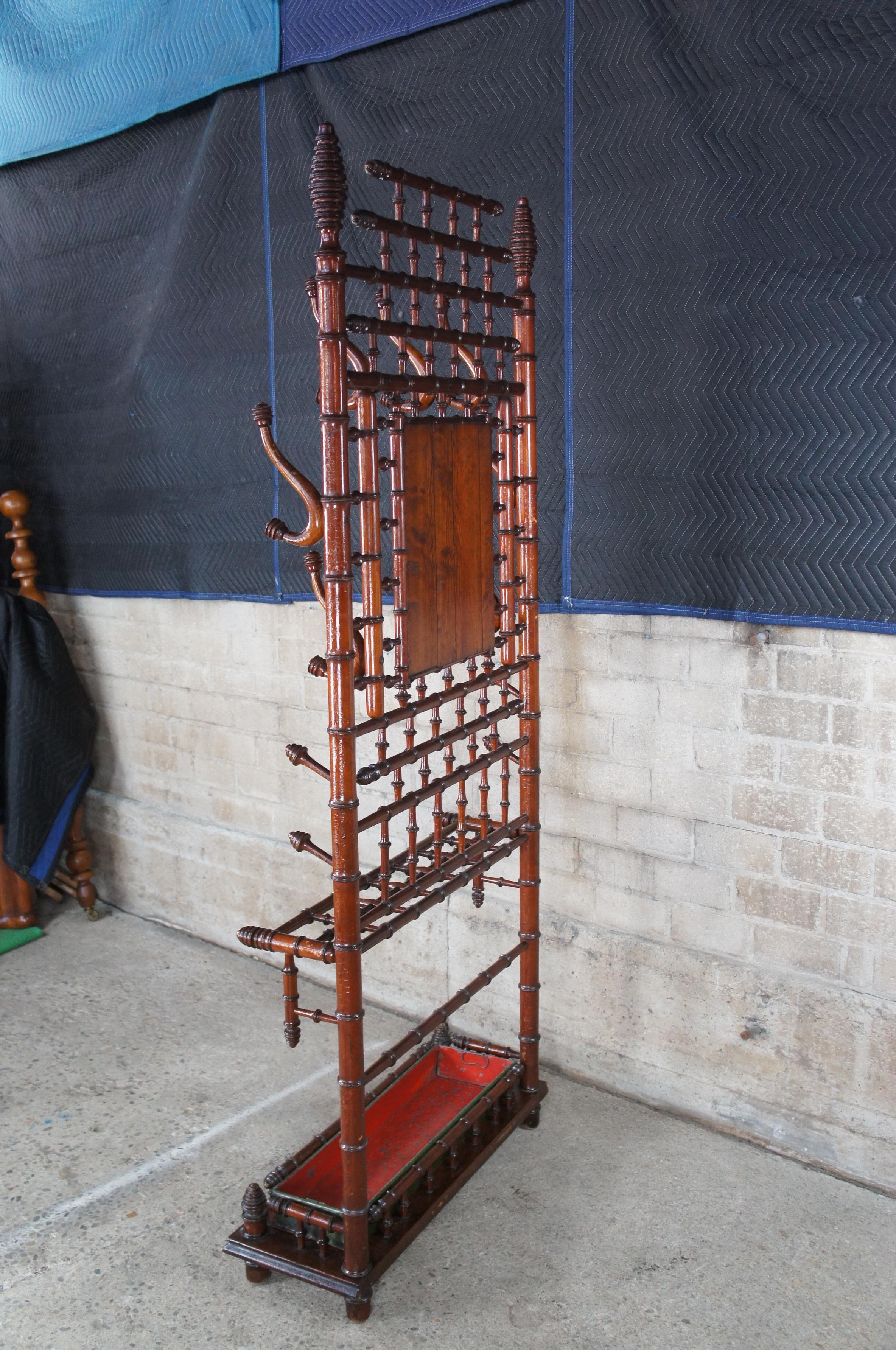 Antique French Victorian Faux Bamboo Hall Tree Coat Rack Umbrella Stand Mirror For Sale 6