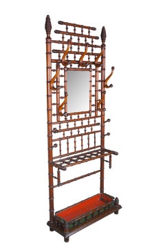 Antique French Victorian Faux Bamboo Hall Tree Coat Rack Umbrella Stand Mirror
