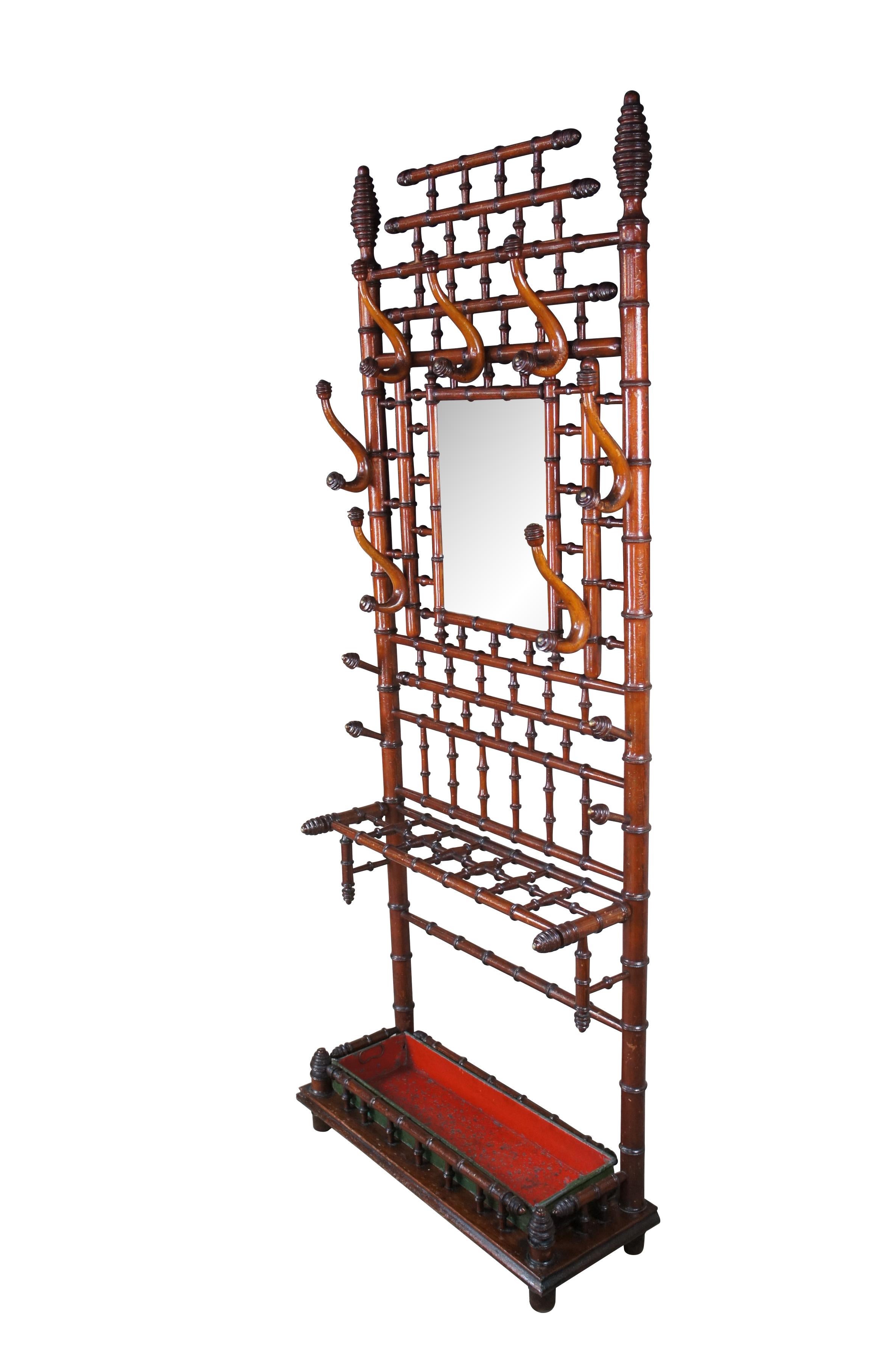 Antique French Victorian Faux Bamboo Hall Tree Coat Rack Umbrella Stand Mirror In Good Condition For Sale In Dayton, OH