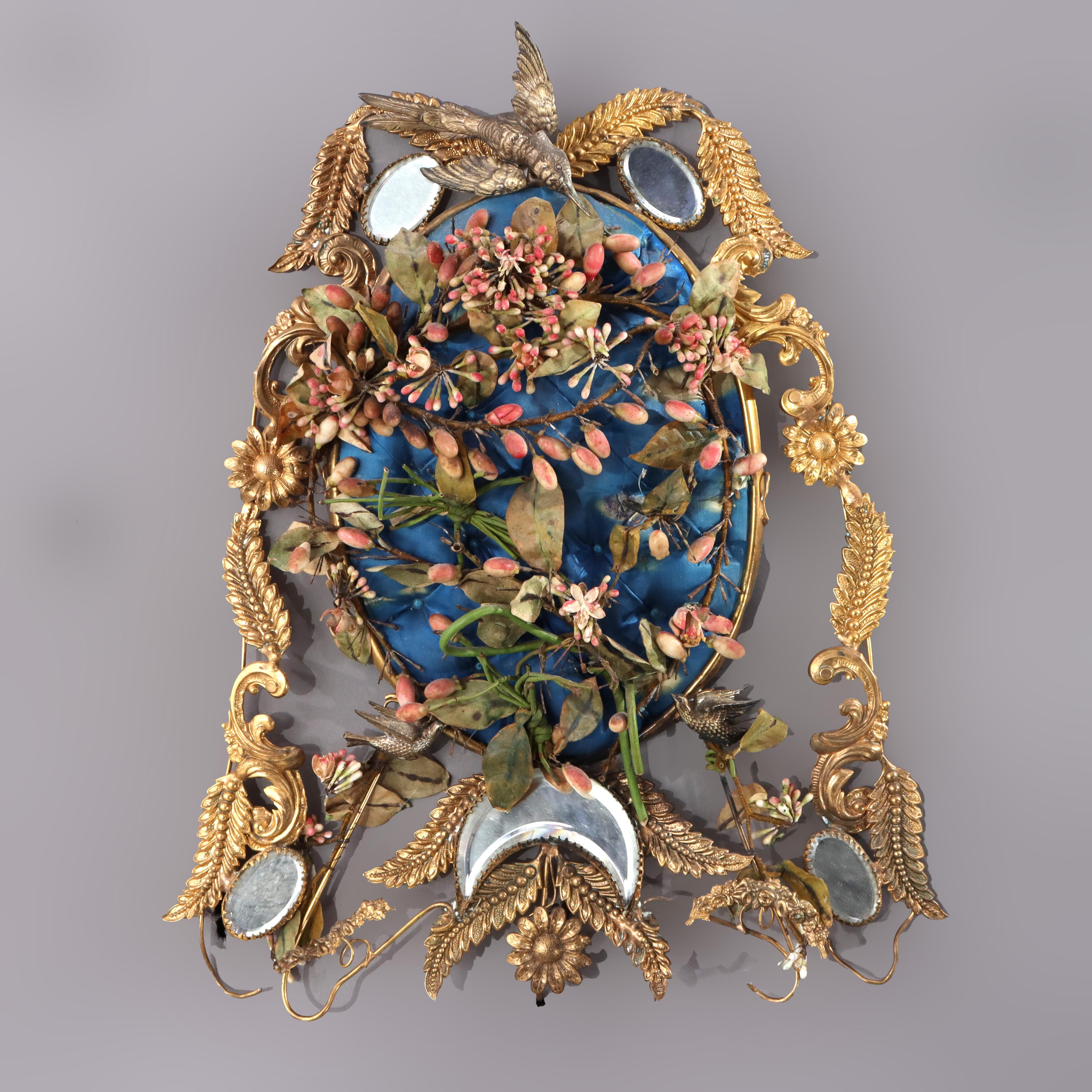 Antigua Corona Matrimonial Victoriana Francesa Figurada y Floral de Latón y Espejo c1890 en Bueno estado para la venta en Big Flats, NY