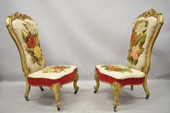 Antique French Victorian Gold Gilt Rococo Revival Slipper Parlor Chairs, a Pair