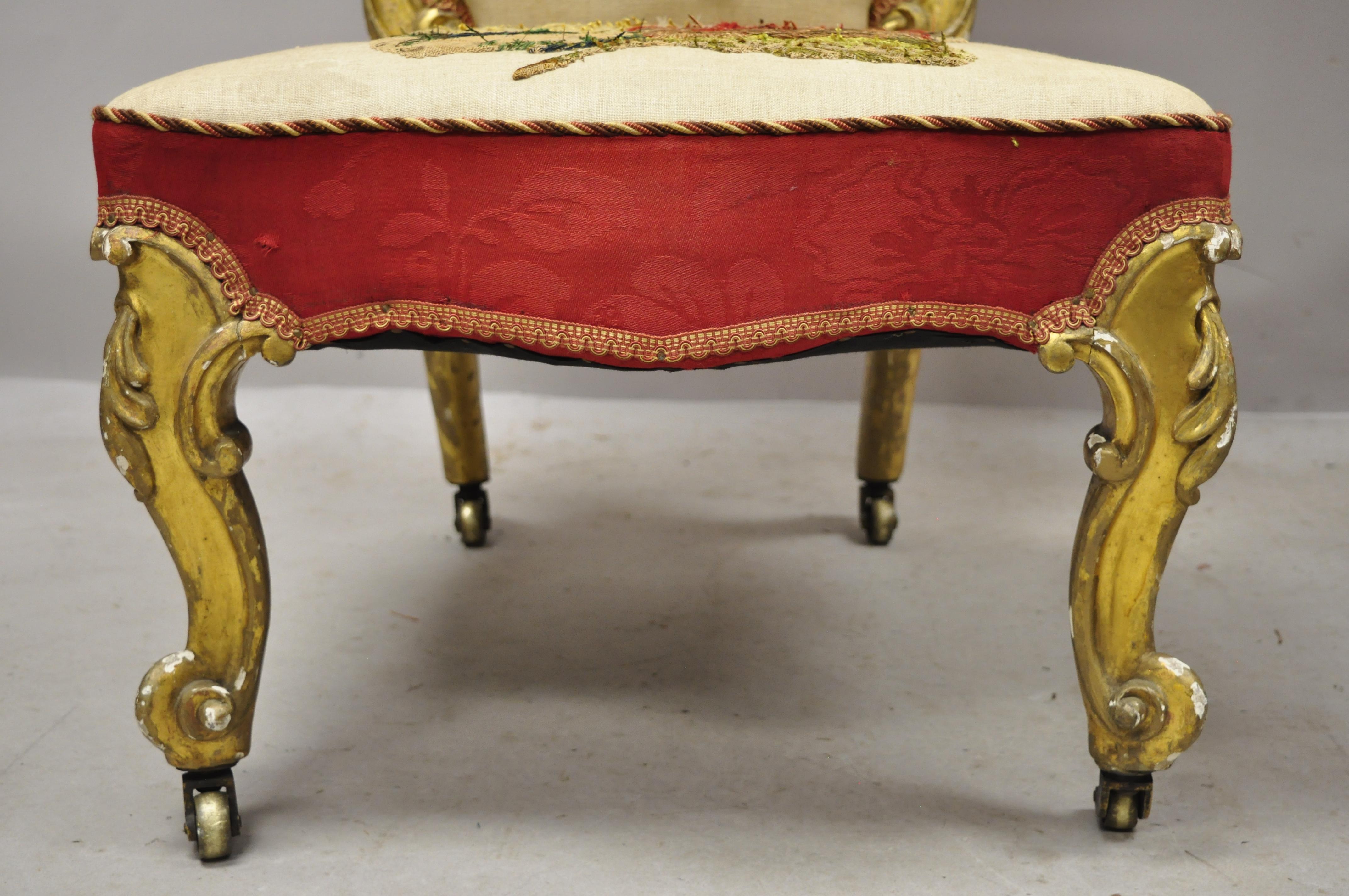 Antique French Victorian Gold Gilt Rococo Revival Slipper Parlor Chairs, a Pair In Good Condition In Philadelphia, PA