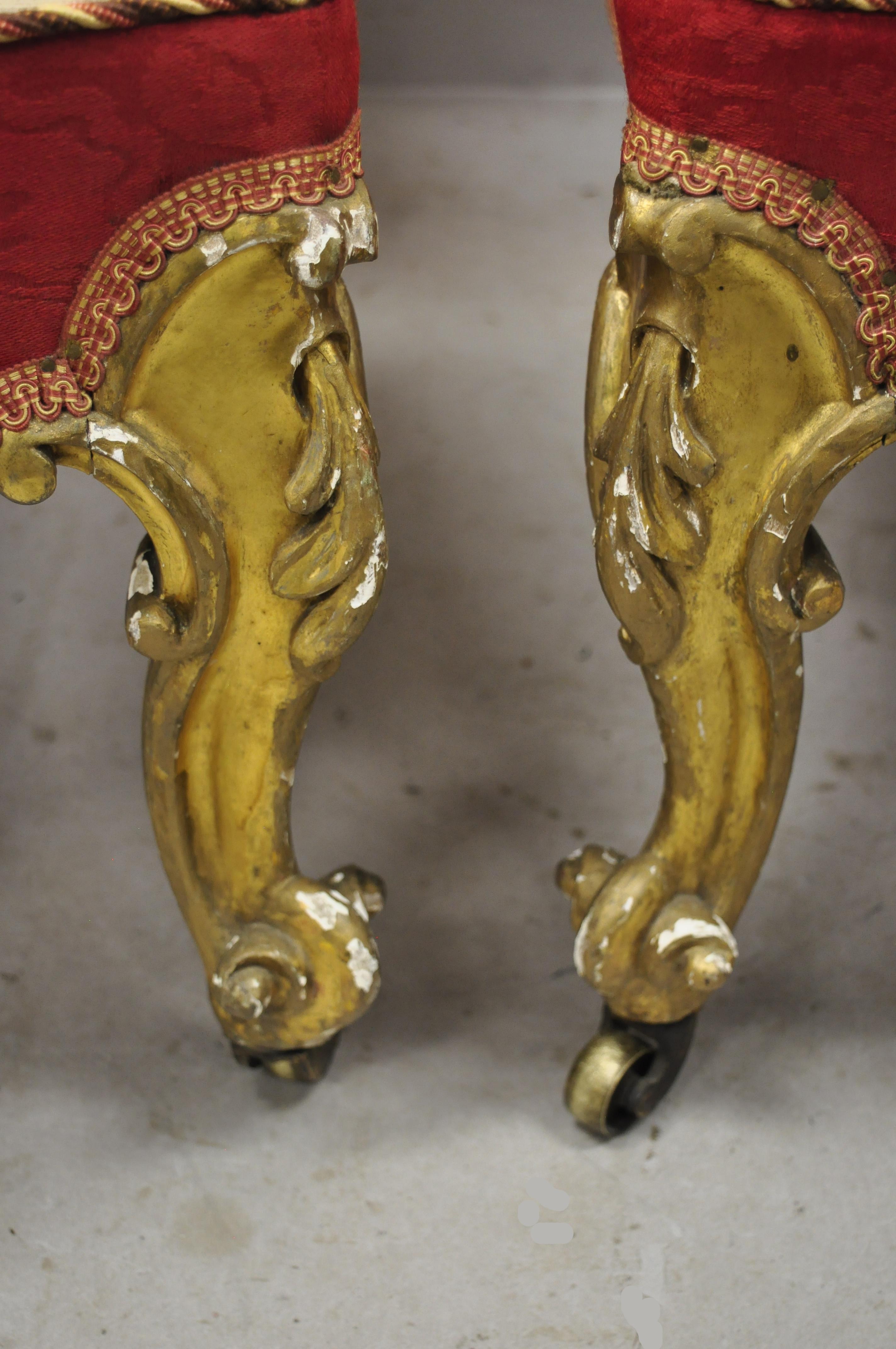 19th Century Antique French Victorian Gold Gilt Rococo Revival Slipper Parlor Chairs, a Pair