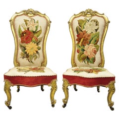 Antique French Victorian Gold Gilt Rococo Revival Slipper Parlor Chairs, a Pair