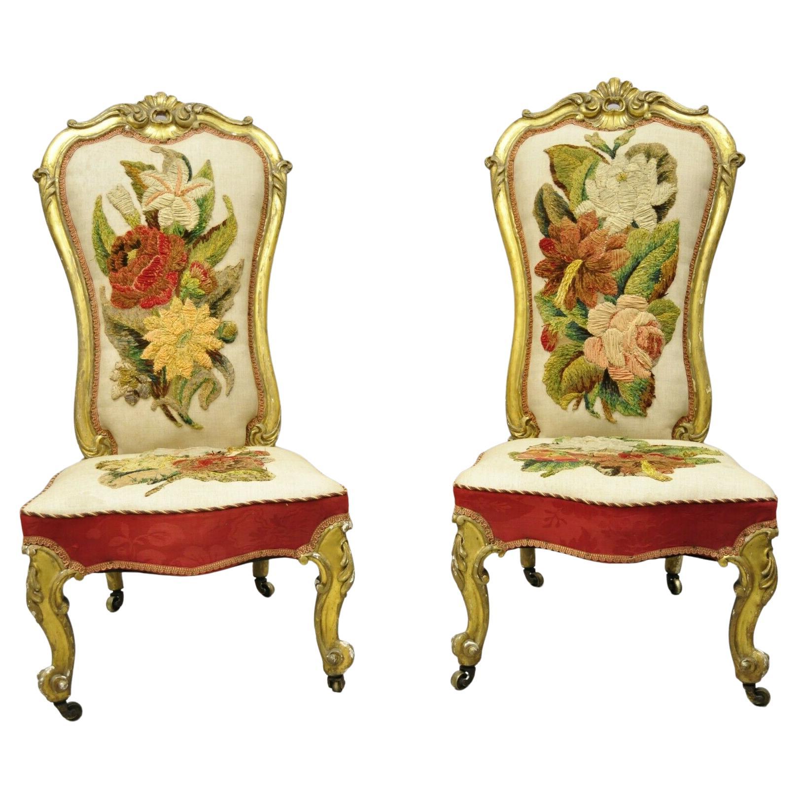 Antique French Victorian Gold Gilt Rococo Revival Slipper Parlor Chairs, a Pair For Sale