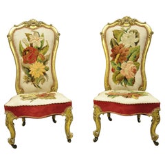 Antique French Victorian Gold Gilt Rococo Revival Slipper Parlor Chairs, a Pair