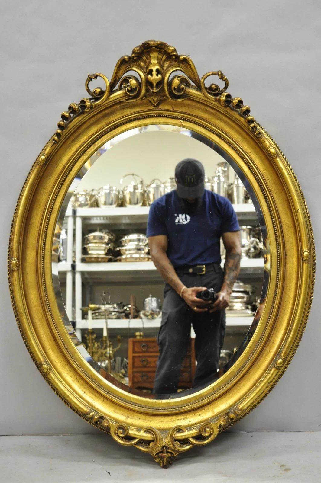 Antique French Victorian Gold Gilt Scroll Oval Beveled Glass Wall Mirror For Sale 6